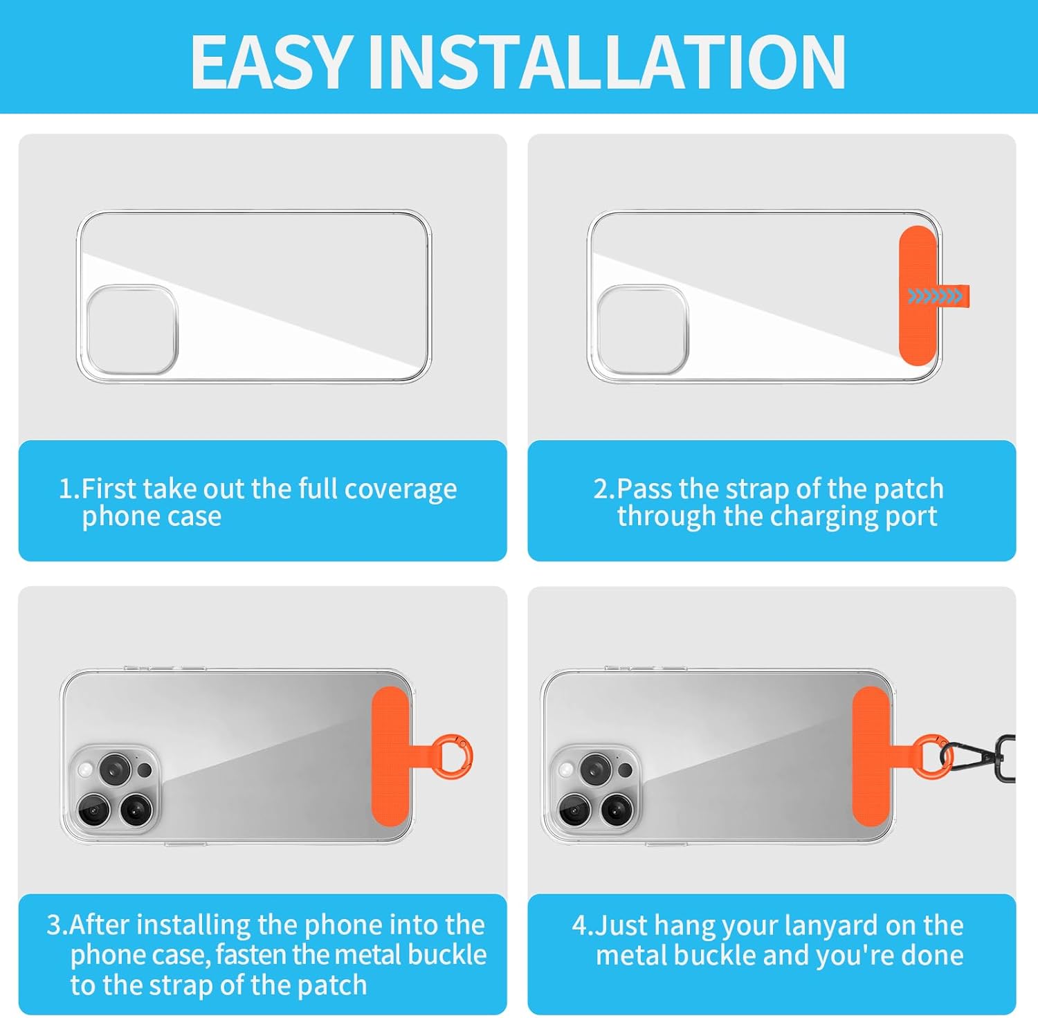 Phone Tether Tab, 2 Pack Cell Phone Lanyard Patch Without Adhesive, Phone Strap Replacement Part for All Full Phone Cases (Orange) - Image 5