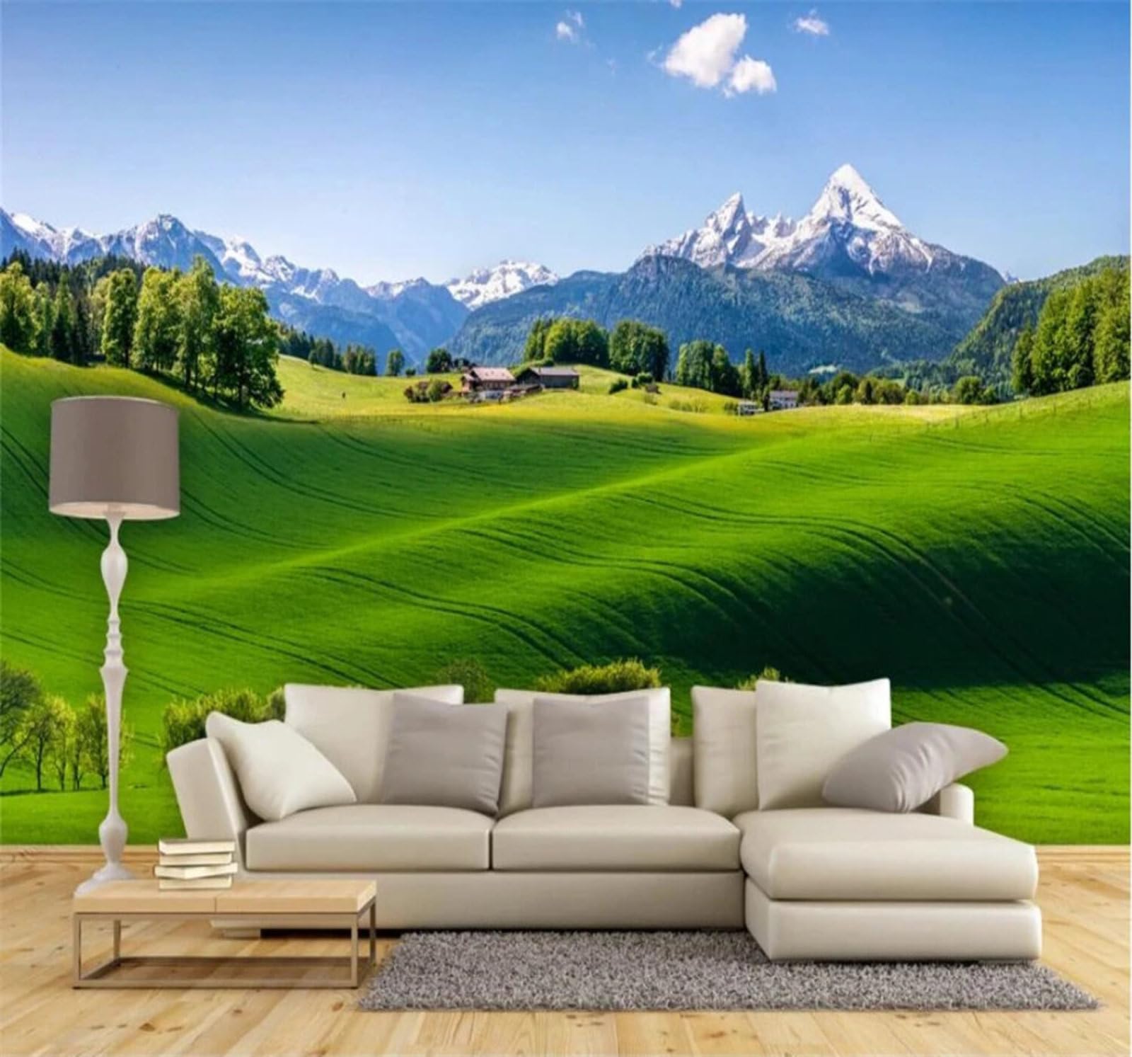 Fresh Green Grass Snow Capped Mountains Scenery 3D Wallpaper Easy Install Feature Office Living Room Sofa Bedroom TV Background Wall Decoration-400cm×280cm