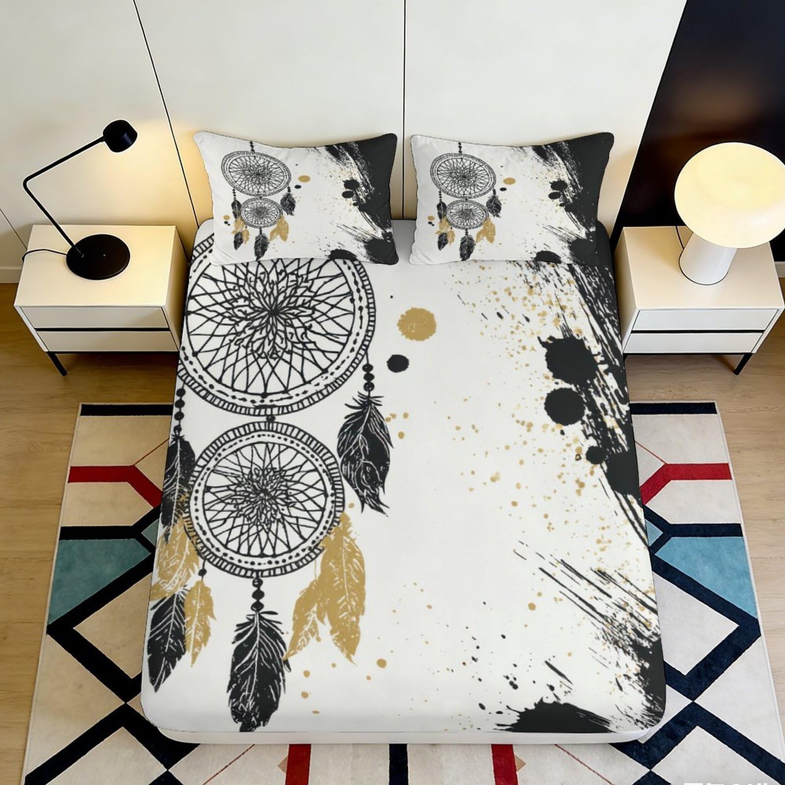 3D Printed Dreamcatcher Fitted Sheet Microfiber Soft Breathable Abstract Pattern Mattress Cover for Bedroom Dormitory Guest Room Mattress Protection 140x200x25cm