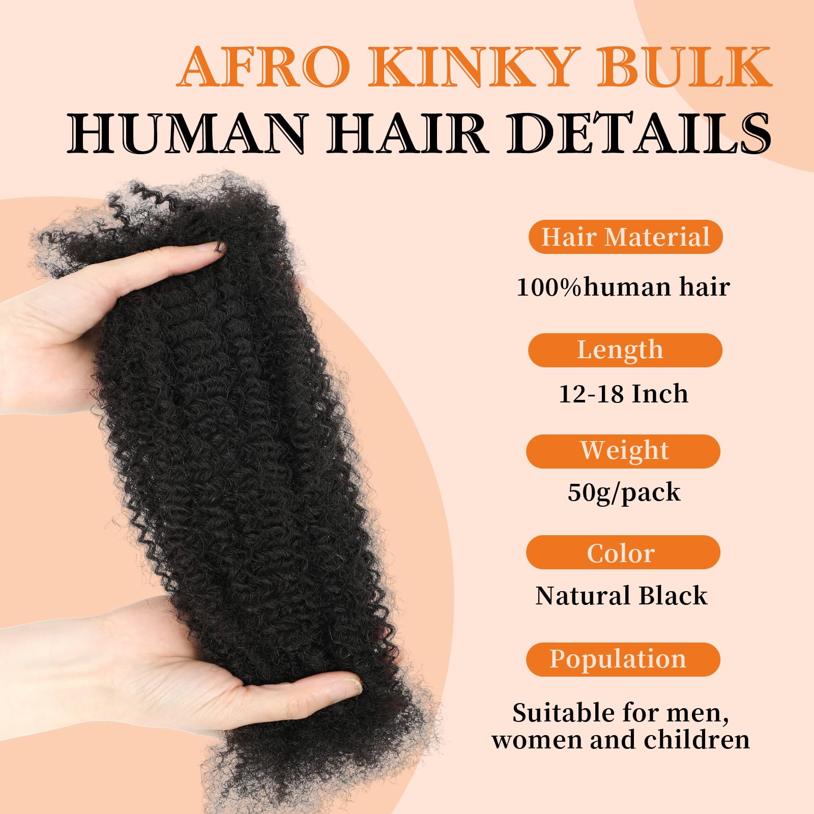Yacurcur Afro Kinkys Bulk Human Hair 50g/Pack Braiding Hair for Dreadlocks Extensions,Loc Repair,Twist Braiding No Short Hair 4C Afro Kinky Human Hair Natural Black (14 Inch) - Image 2