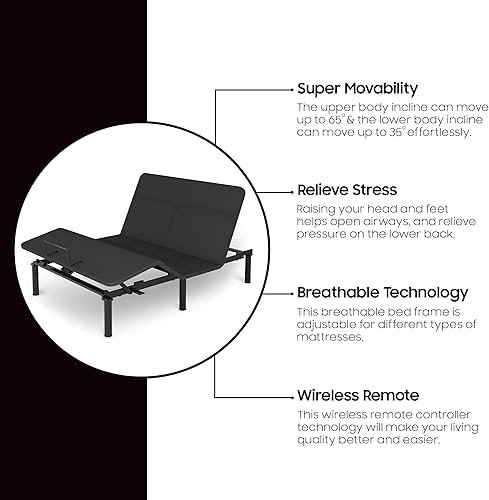 Miniatura 5 de Zutan Base ajustable de 1 pulgada con tapicería de malla transpirable de alta resistencia, descenso de inclinación de cabeza y pie, (control remoto