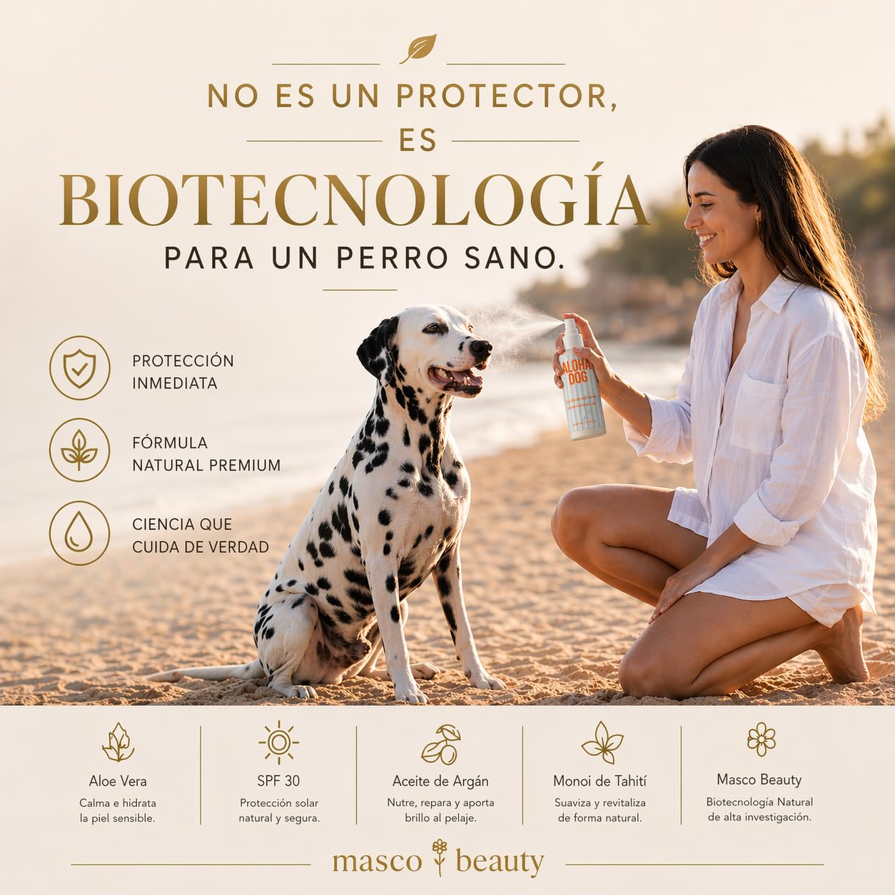 Protector Solar para Perros y Mascotas con SPF 30 en Spray Transparente de 100 ml con Citronella - Spray Solar Perro Resistente al Agua, Sunscreen Perro con Monoi Argán - Made in Spain