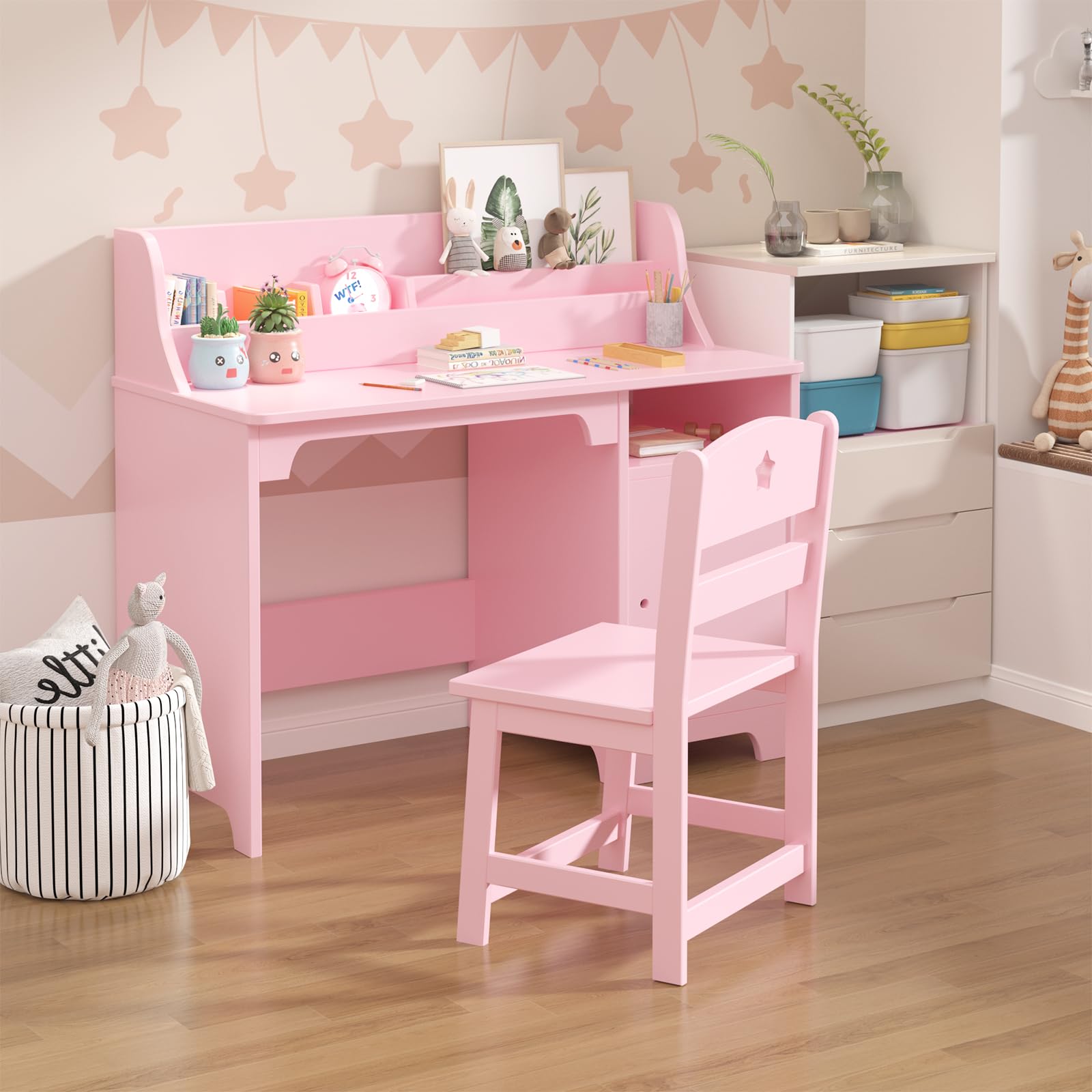 Escritorio Infantil con Silla de Madera con Estantes y Taquilla, Escritorio Infantil con Silla de Madera, Mesa de Aprendizaje Multifuncional para Niños y Niñas de 3+ Años