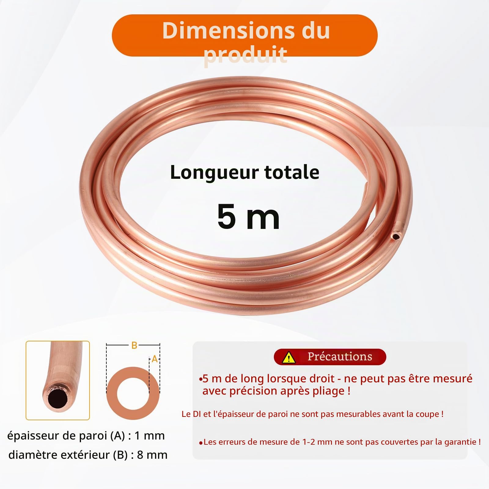 Tube rond en cuivre souple - Longueur : 5 m - Diamètre : 8 mm - Épaisseur : 1 mm - Pour générateurs, rails, appareils de commutation