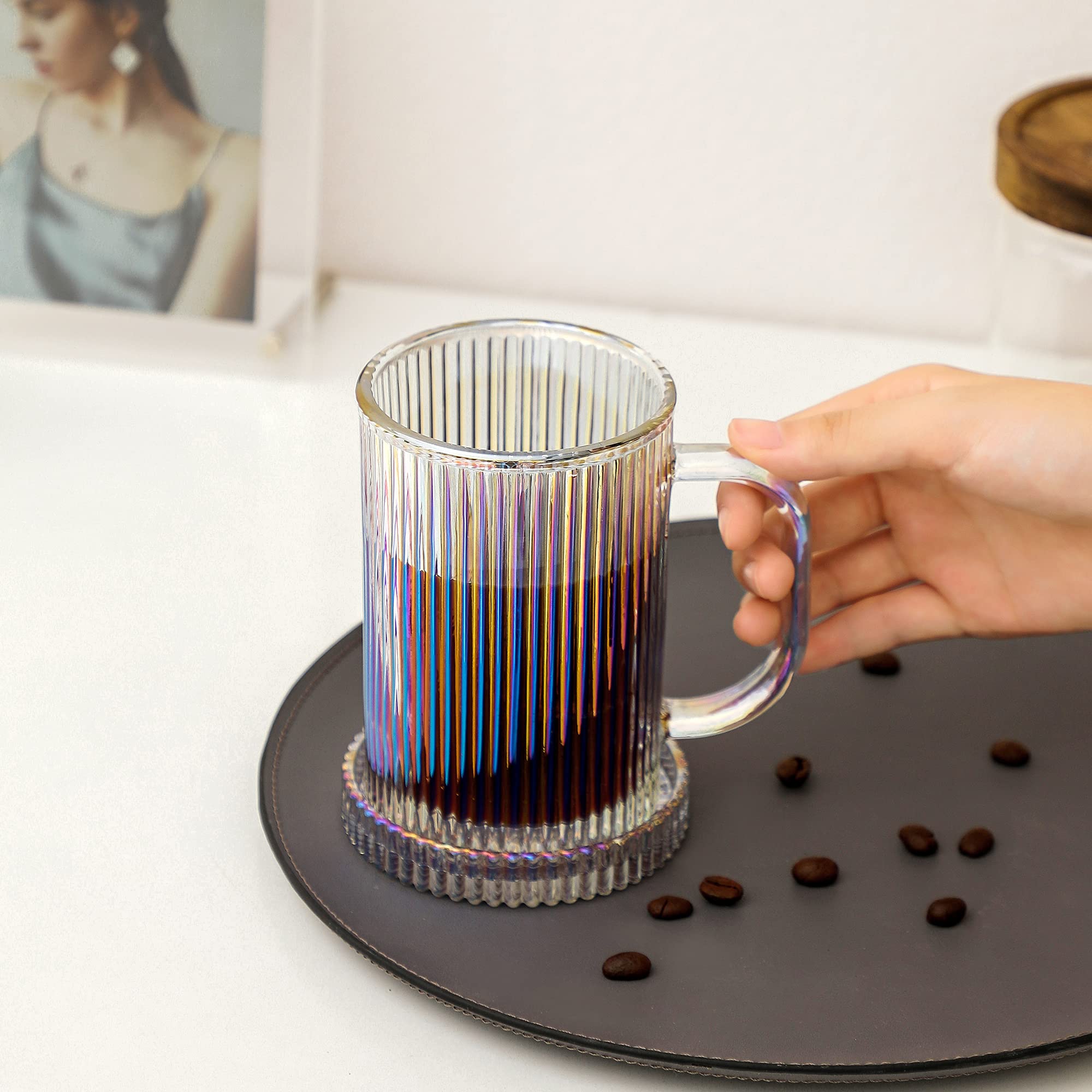 Lysenn Iridescent Glass Coffee Mug - Classic Vertical Stripes Tea Mug - Elegant Coffee Cup with Glass Lid for Latte, Espresso - Lovely Gift for Christmas, Anniversary and Birthday - 11 oz