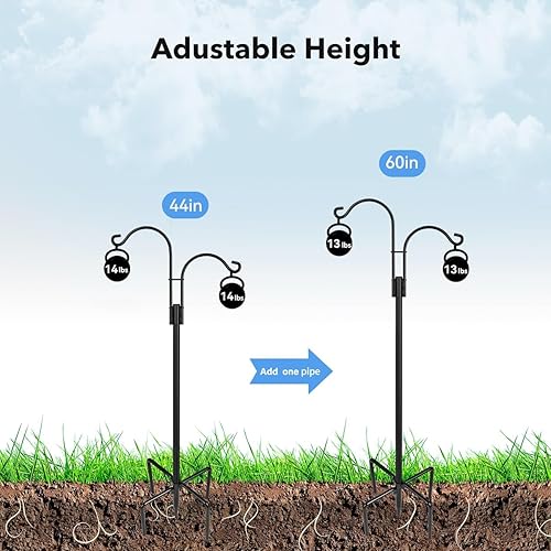 Miniatura 4 de Ganchos de pastor dobles para exteriores, paquete de 2 postes de comedero de pájaros de 60 pulgadas con base de 5 puntas, gancho de jardín