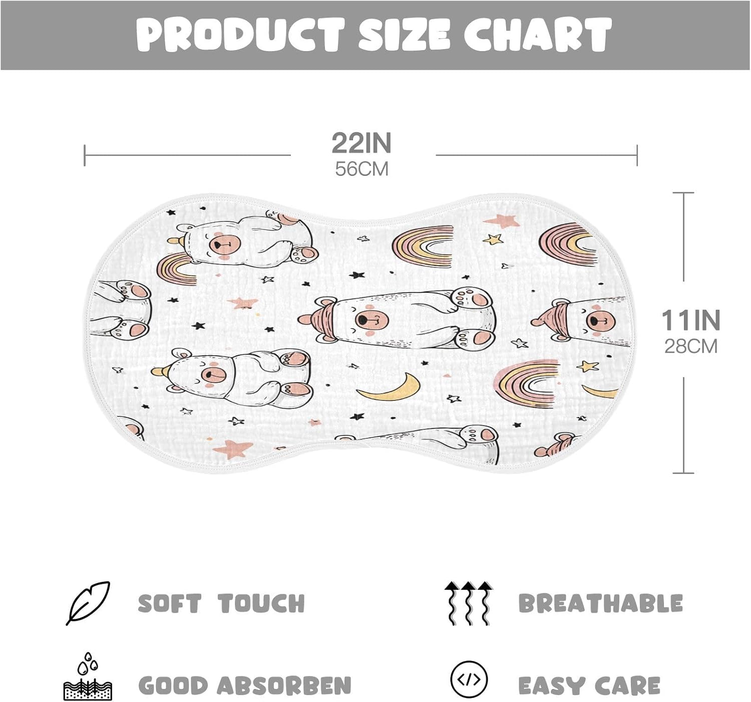 Cute Bear Wearing Hat with Rainbow Pattern Baby Burp Cloths -4Pcs Soft Absorbent Muslin Washcloths Bibs Face Towel for Newborn Boys Girls 22 x 11 Inch