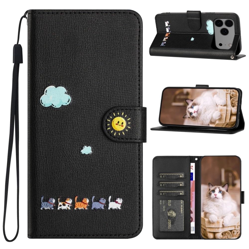 Generic Étui compatible avec iPhone 8/7/6/SE 2020/SE 2022 (couleur : noir) étui portefeuille en cuir à rabat avec motif de chat mignon