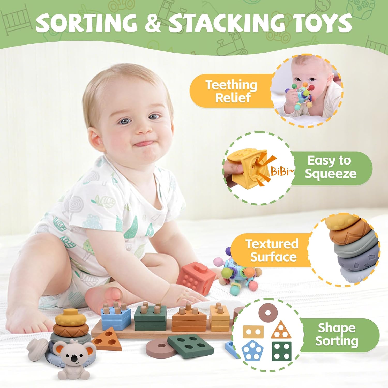  6-in-1 Montessori Baby Toys 0-6 6-12 Months, Infant Toys Baby Gifts | 4 5 6 Month Old Baby Toys, Soft Stacking Blocks Rings Shape Sorter Sensory Baby Suction Spinners, Baby Gifts for Girls Boys thumbnail