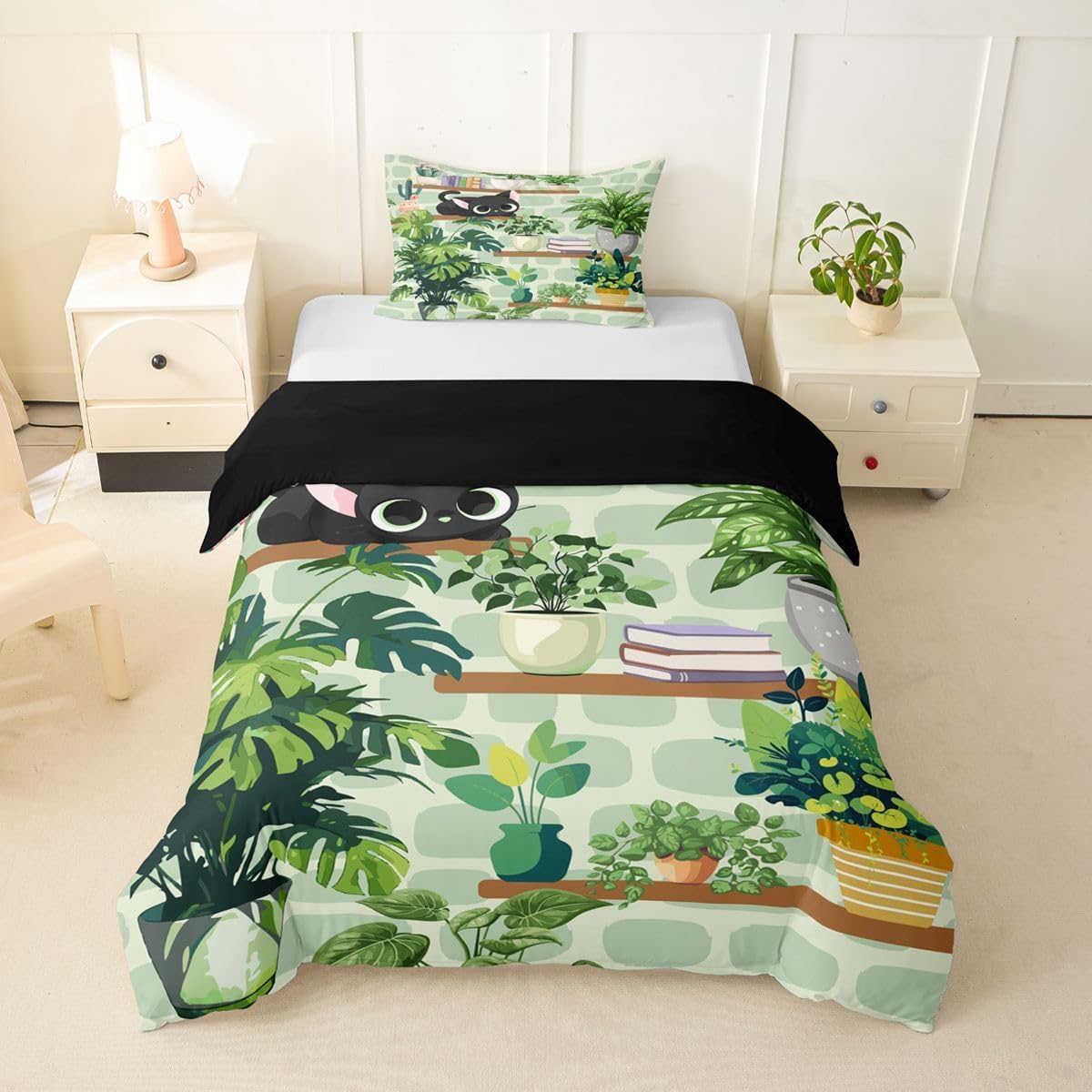 Erosebridal Cartoon Cat Bedding Set Twin Flower Leaves Duvet Cover for Kids Teens Pet Animal Paw Comforter Cover Green Garden Wildlife Bed Set