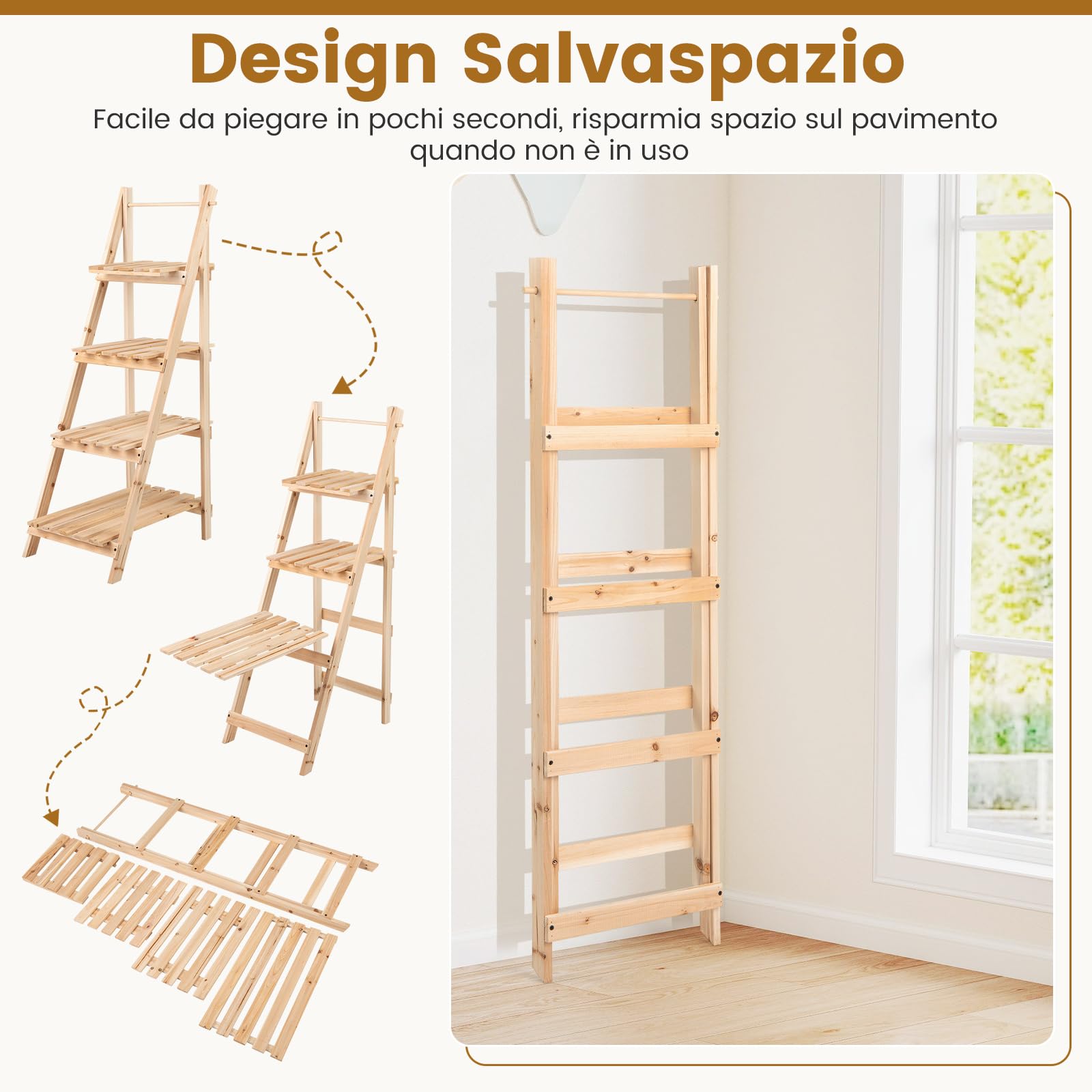 COSTWAY Scaffale Porta Piante a Scala Pieghevole, Scaffale per Vasi in Legno a 4 Livelli, Supporto Porta Fiori da Interno per Soggiorno Camera da Letto, Balcone