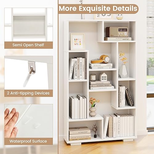 Miniatura 9 de Tangkula Estantería geométrica, estantería de 47 pulgadas de alto con múltiples estantes abiertos, dispositivos antivuelcos, estante de
