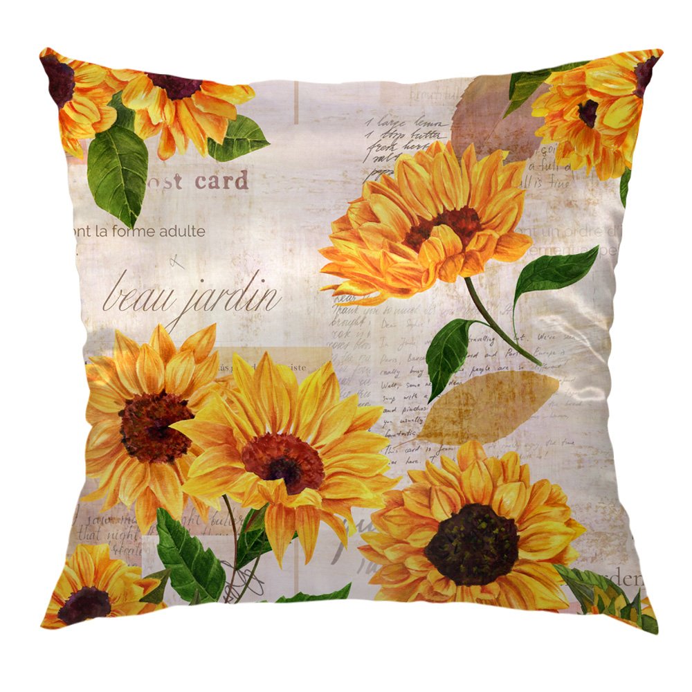HGOD DESIGNS Sunflower Pillow Cover,Vintage Sunflower with Old Letters Satin Throw Pillow Case Cushion Cover Standard Home/Sofa Decorative for Men/Women 18x18 inch