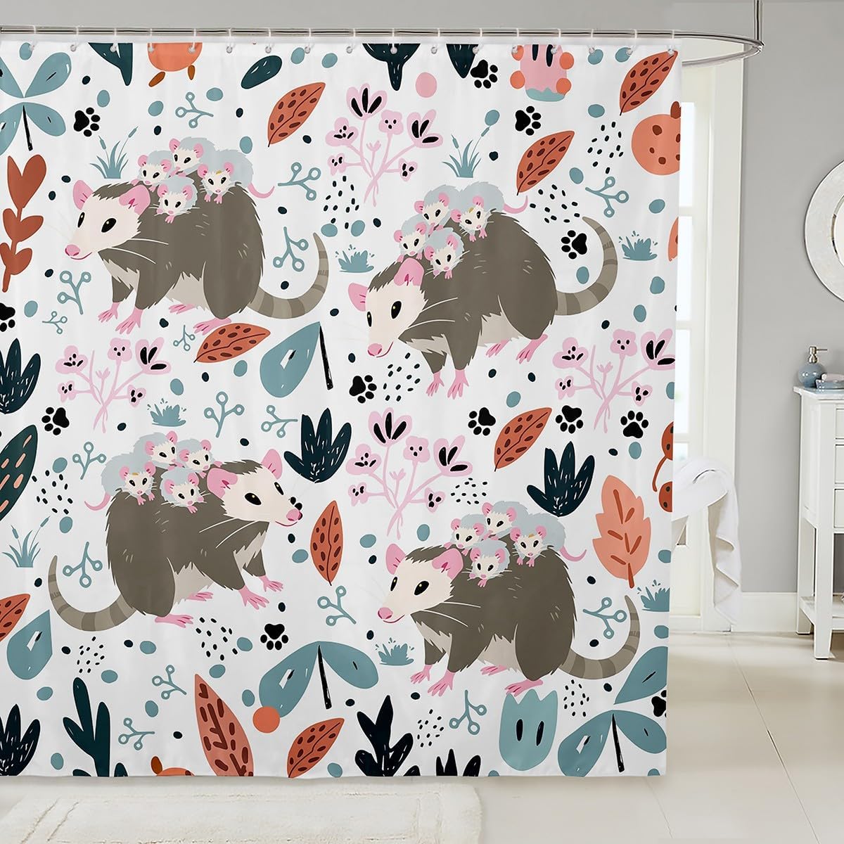Feelyou Opossum Shower Curtain 72"x78" Kids Cute Animals Bathroom Shower Curtain Set for Kawaii Opossum Decor Bath Curtain Waterproof Floral Botanical Kids Bathroom Accessories