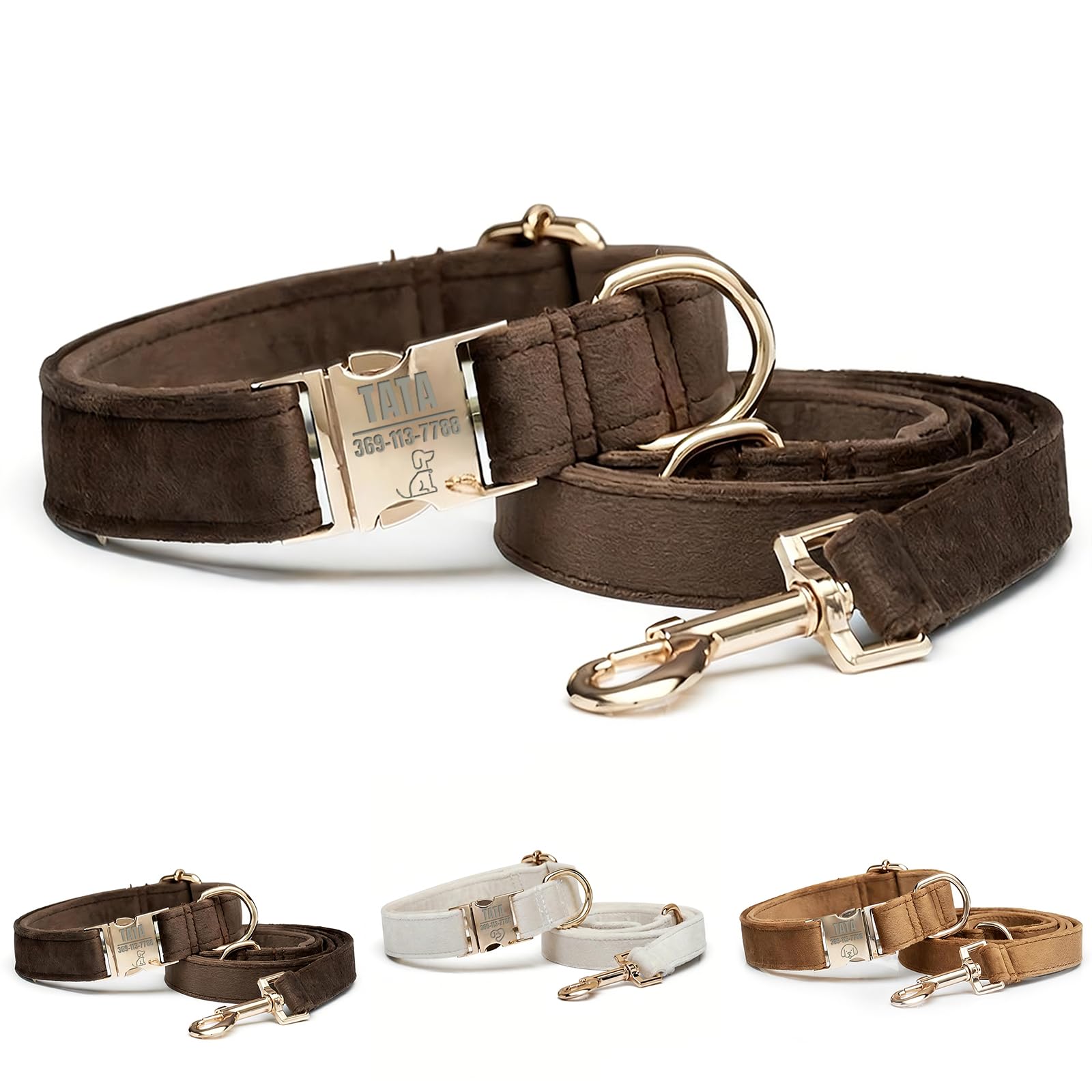 Personalised Dog Collar and Lead Set with Custom Name Tag & Pattern, Soft Velvet Adjustable Puppy Collar with Matching Leash, Engraved Pet ID Tags for Small Medium Large Dogs, (Dark Brown, M)