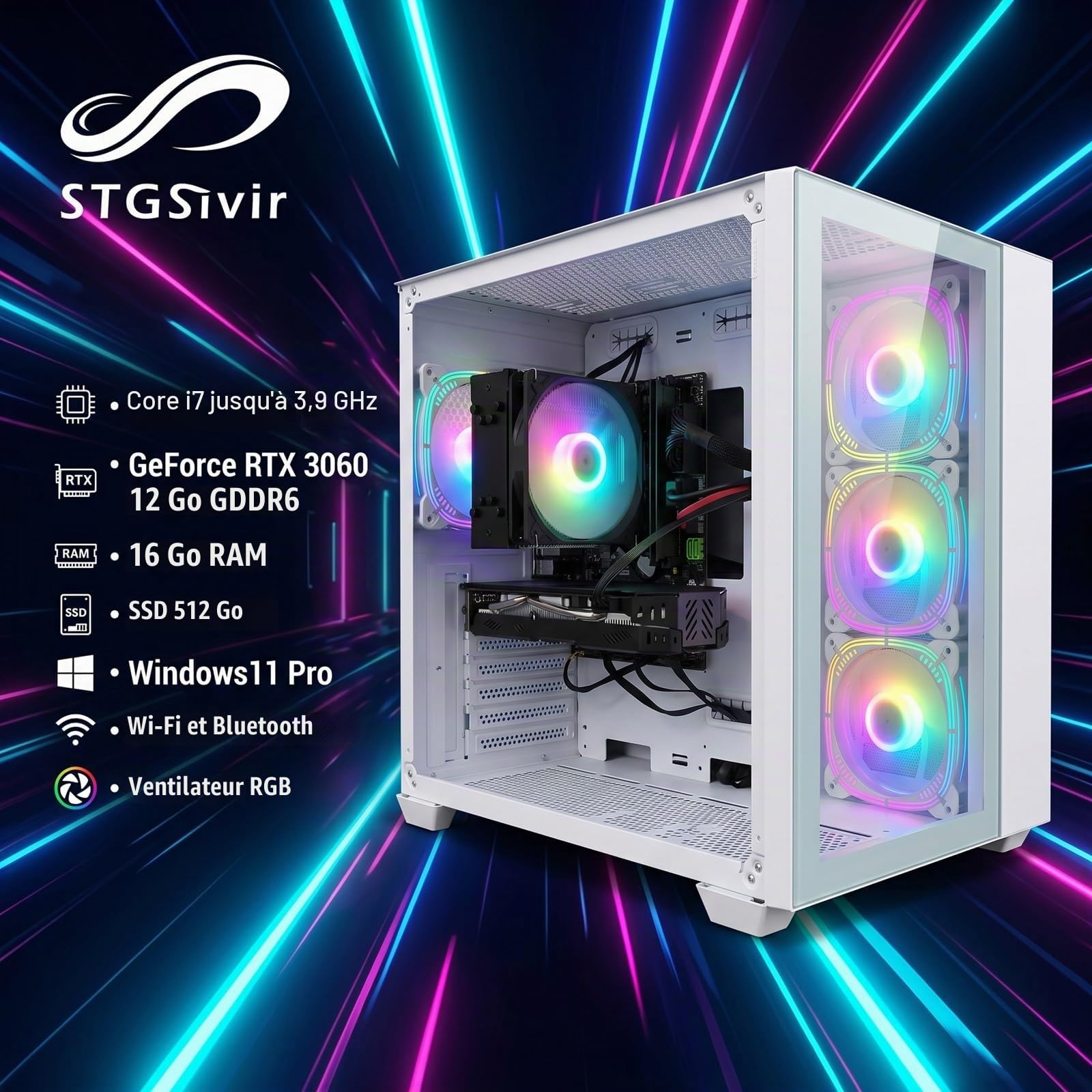 STGsivir PC Gamer Fixe, Core i7, RTX 3060 12G, 16G RAM, 512G SSD