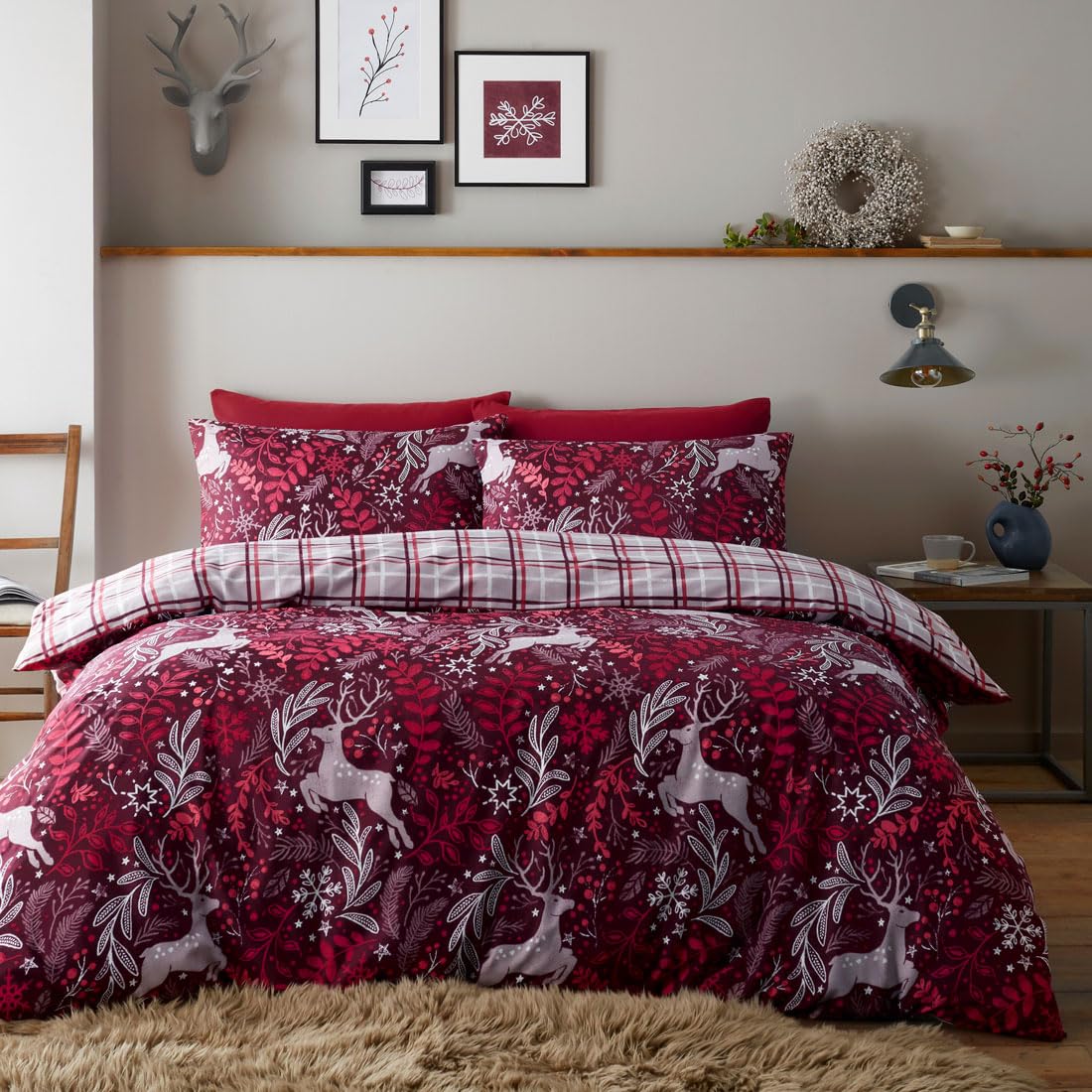 HOMEMAKER BEDDING Christmas Duvet Cover Set Winter Stag Design, Polycotton, Tartan Check Reverse (Double)