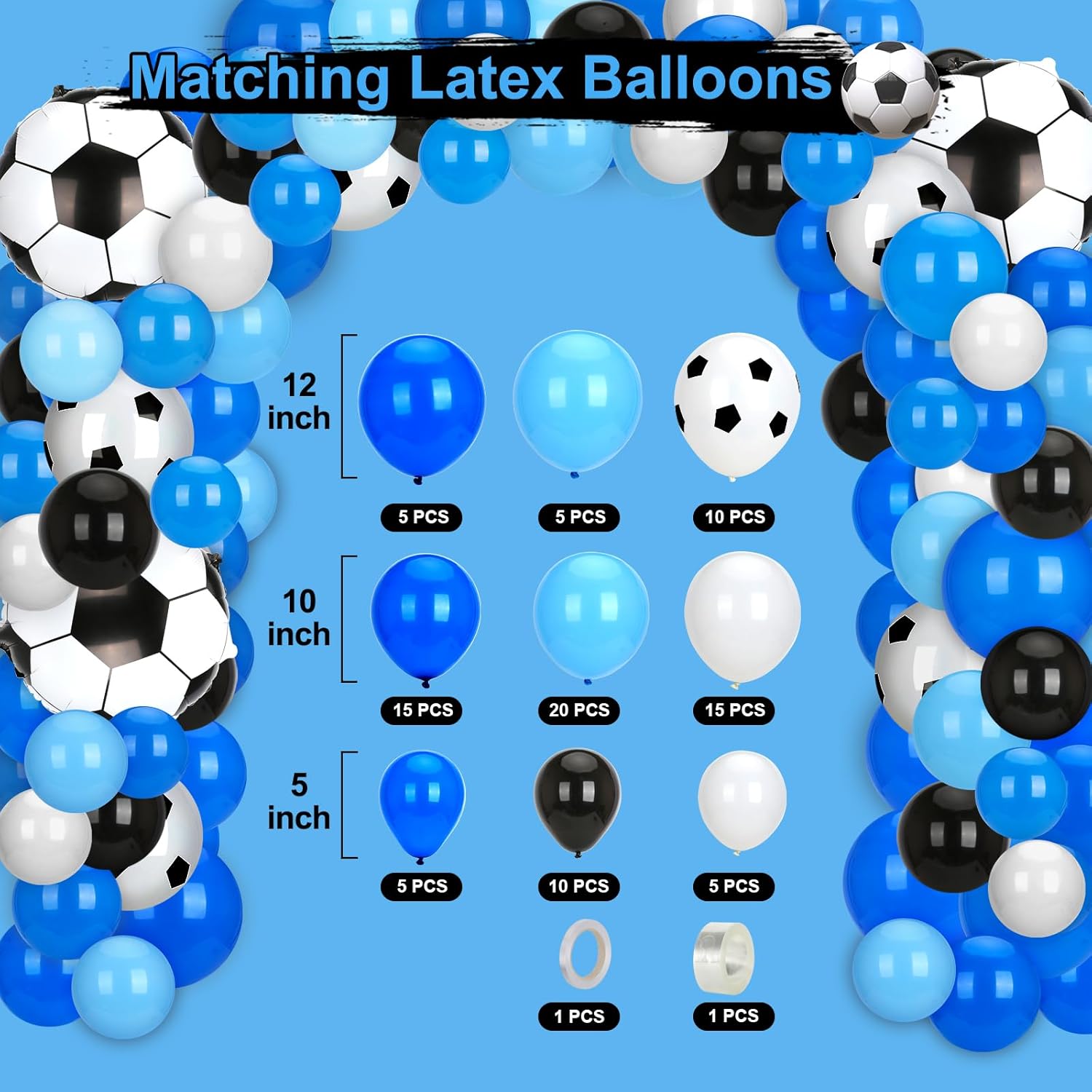 Soccer Birthday Party Decorations, 131PCS Blue Soccer Birthday Party Supplies Including Tablecloth Backdrop Banner Cake Topper Latex Balloons Foil Balloons Decorations Kit for Sport Ball Theme - Image 2
