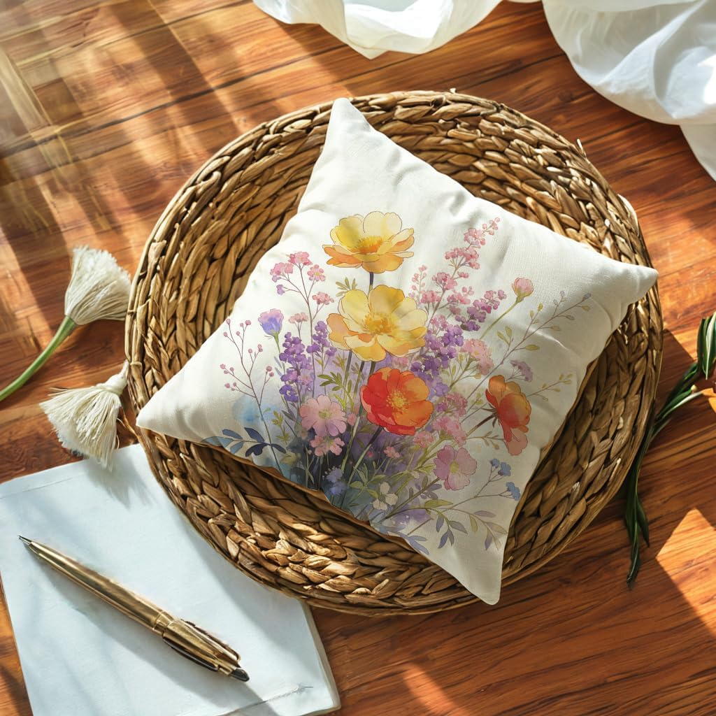 Watercolor Flower Throw Pillow Covers 18x18 inch,Set of 4 Vintage Floral Bouquet Decorative Pillow Cases Spring Farmhouse Home Decor Flower Cushion Cases,for Sofa Patio Bed (Multi) - Image 6