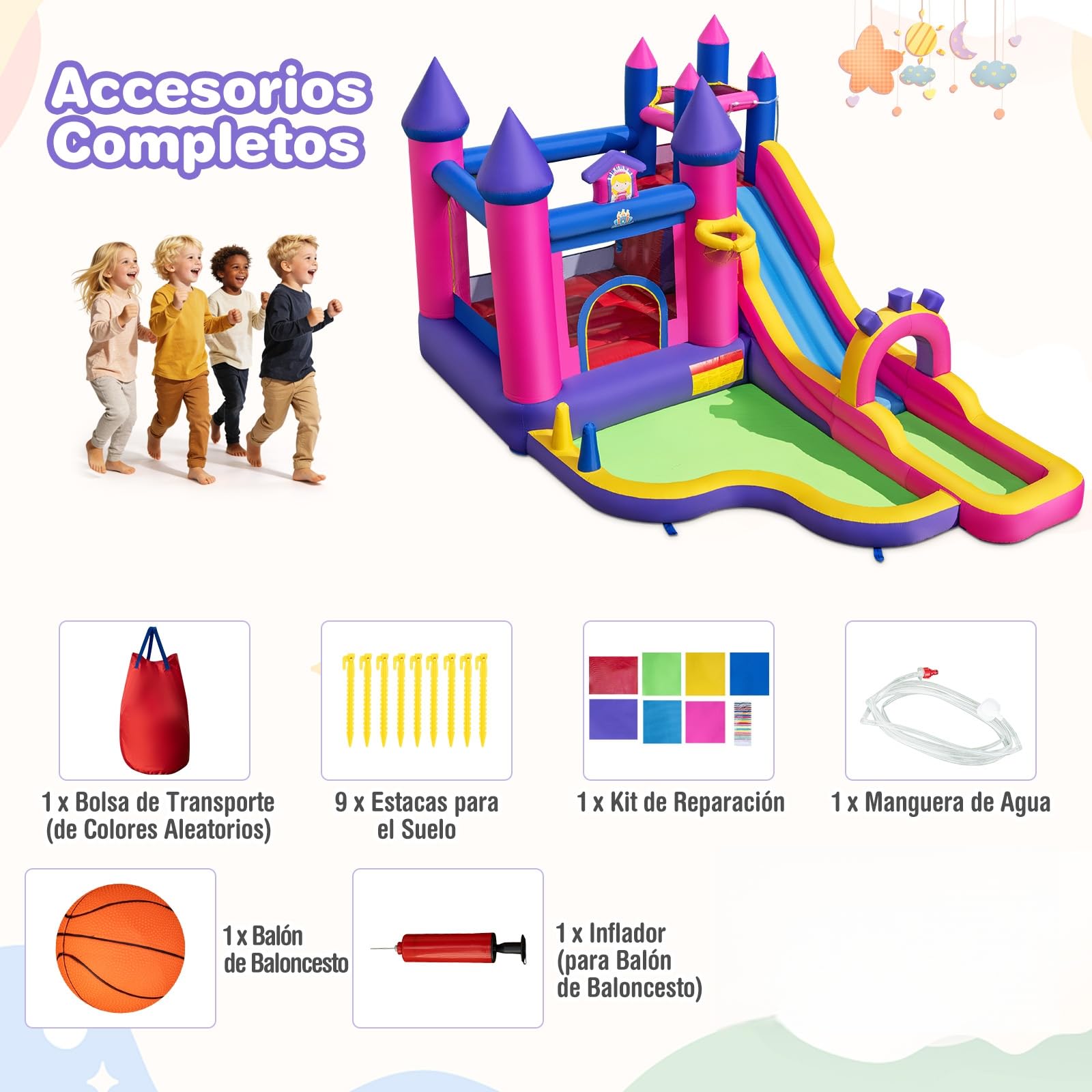 COSTWAY Castillo Hinchable para Niños, Parque Infantil Acuático Tema de Princesas con Tobogán Largo, Canasta de Baloncesto, insuflavel criança para Niños, Jardín, Césped, 460x290x245 cm (sin Soplador)