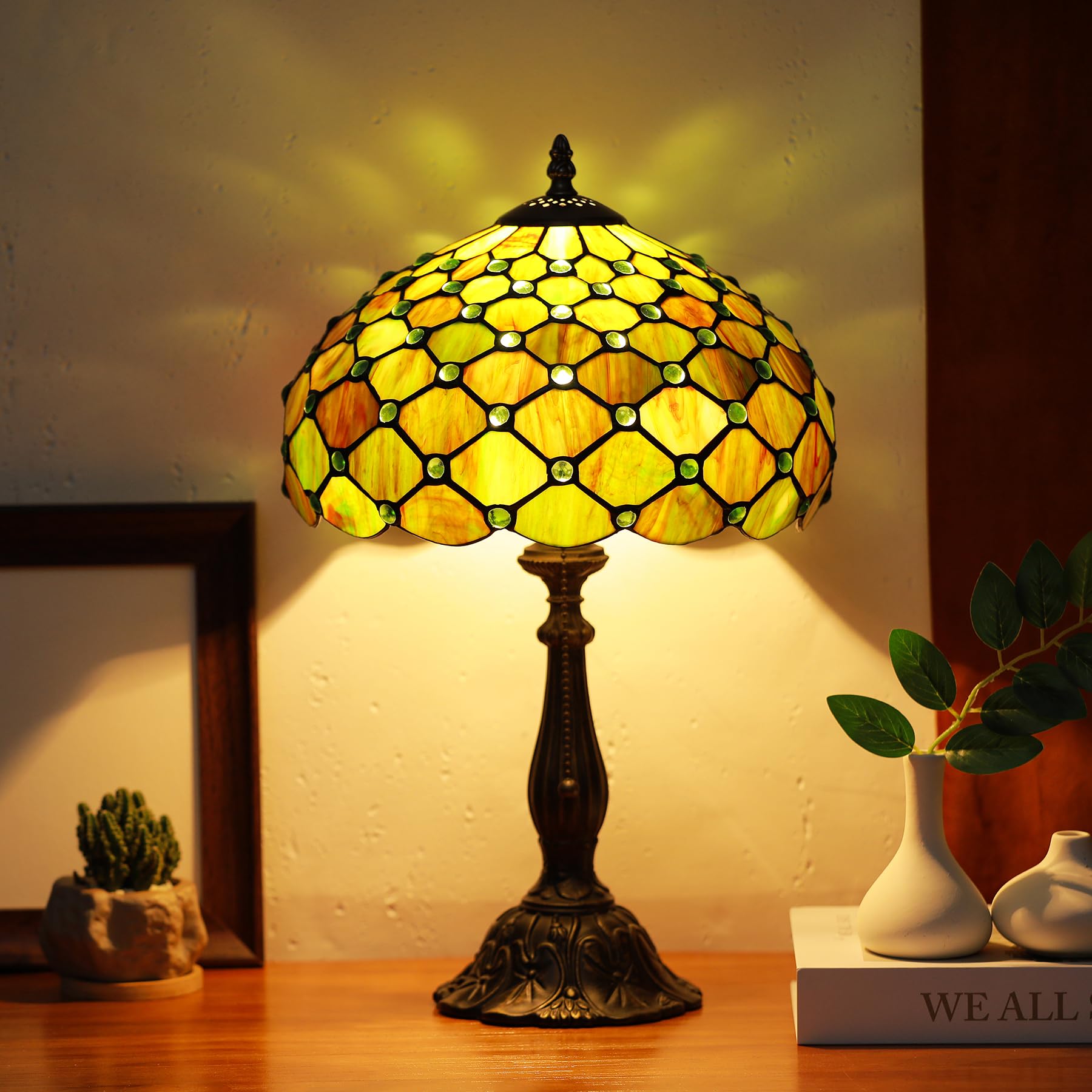 Tiffany Lamps Brownish Green Beads Style Stained Glass Table Lamp Desk Bedside Reading Light 12X12X18 5 Inches with