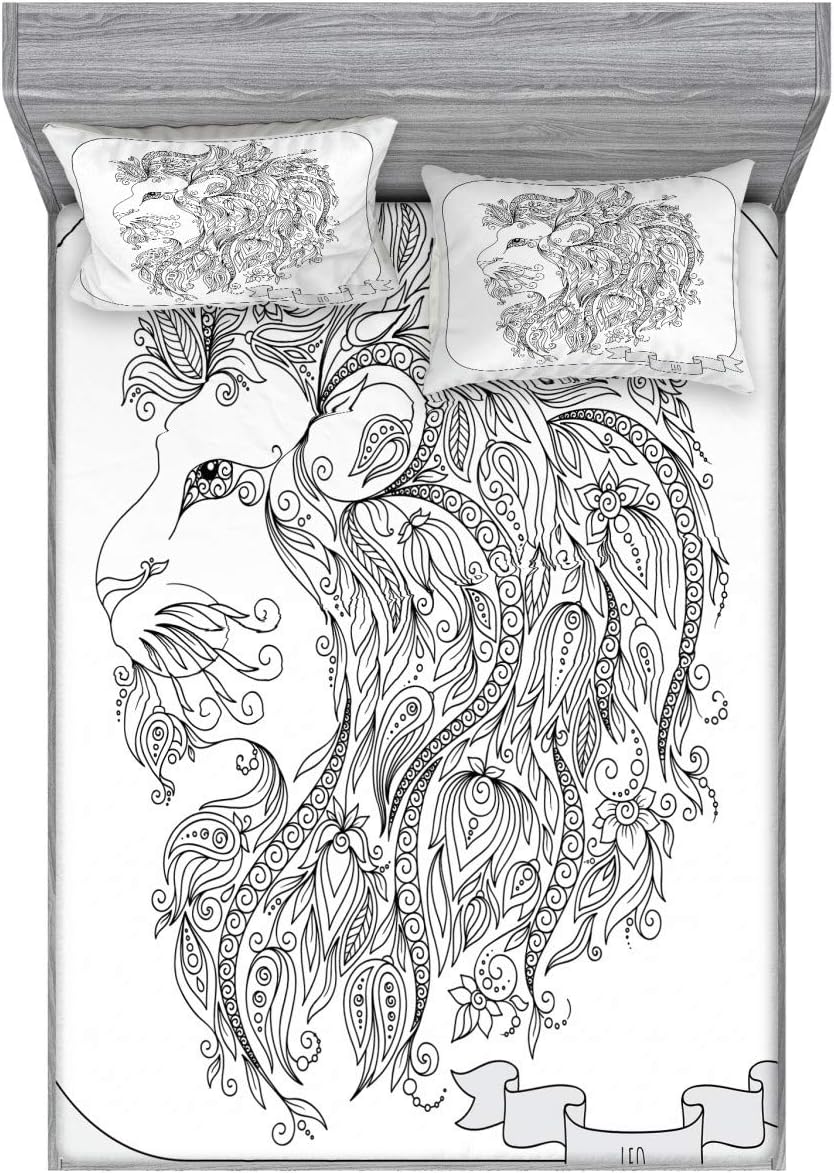 Ambesonne Zodiac Fitted Sheet & Pillow Sham Set, Visage of Zodiac Sign Leo with Flowers on Hair The King of Forest Horoscope Theme, Decorative Printed 3 Piece Bedding Decor Set, Queen, Black White