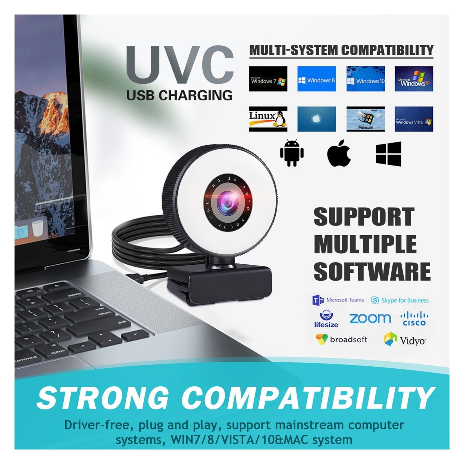 Webcam Webcam 4K Mini Web Camera for PC Computer Laptop with Microphone Auto Focus Light Video Webcam 1080P 2K Live Web Cam Accessories for Recording Calling Conferencing Gaming (2k (with Tripod))