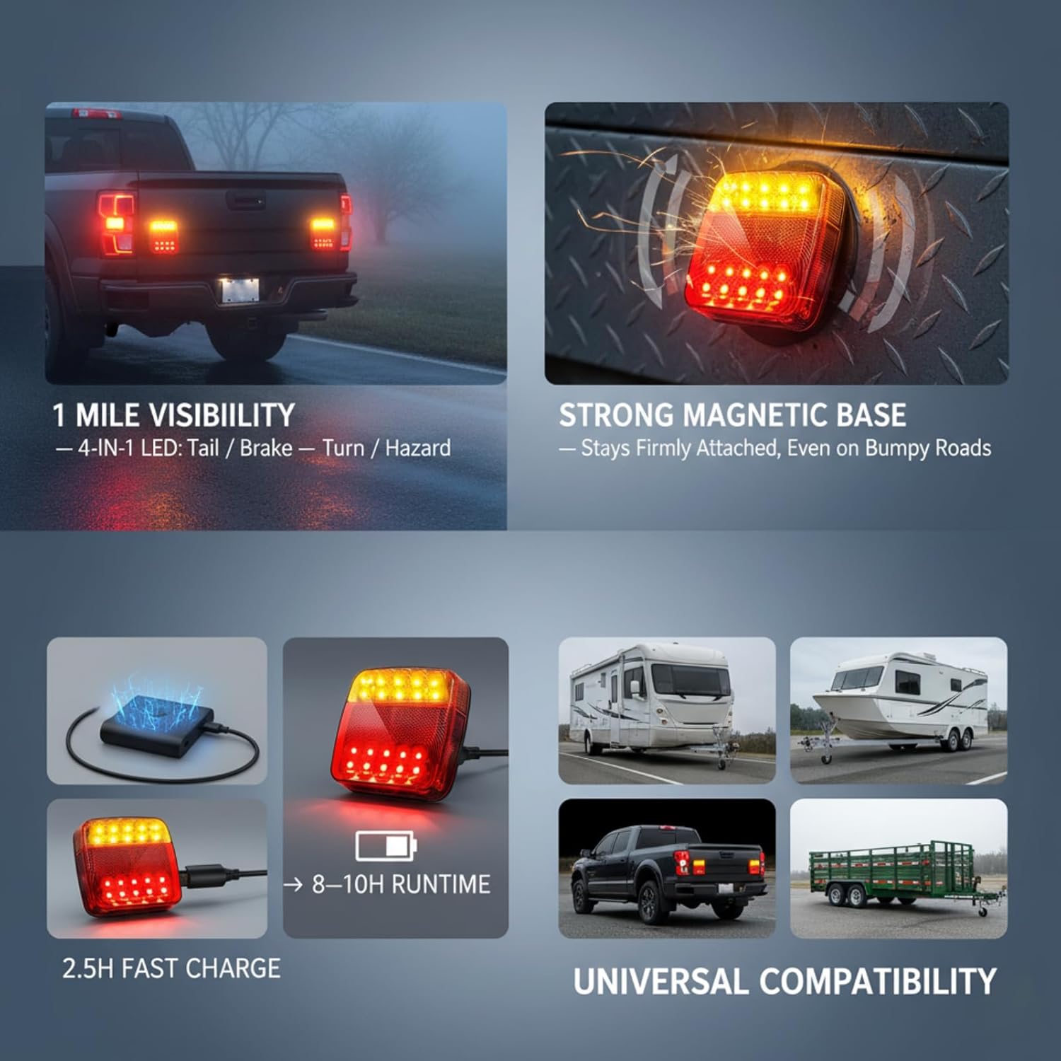 Wireless Trailer Lights Magnetic, Rechargeable LED Tow Light Kit with Strong Magnet Base, IP67 Waterproof Cordless Tail Lamps for Trailer, Trucks, RV, Camper, Boat