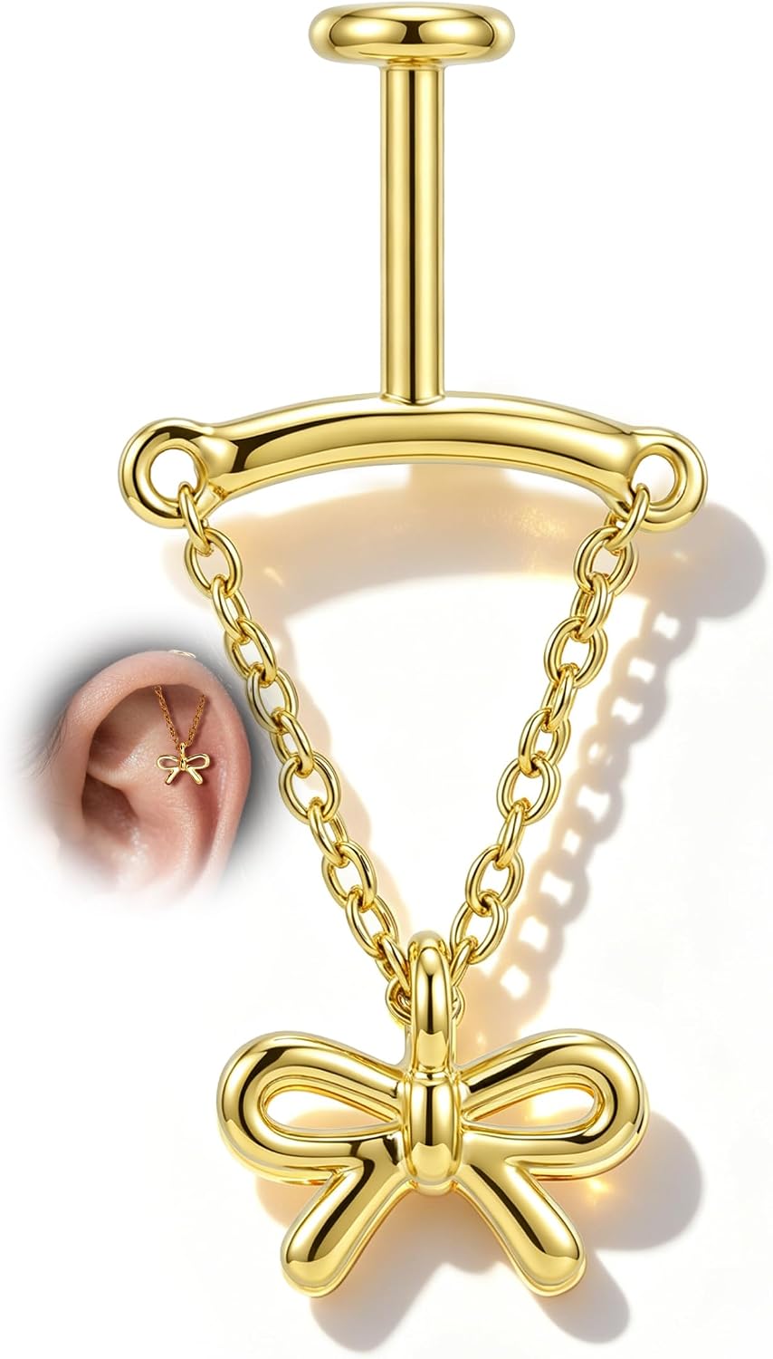 COCHARM Vertical Bowknot Helix Piercing Jewelry, 16G Threadless Vertical Helix Earring, 6mm Gold Tone Bowknot Top Helix Jewelry for Women