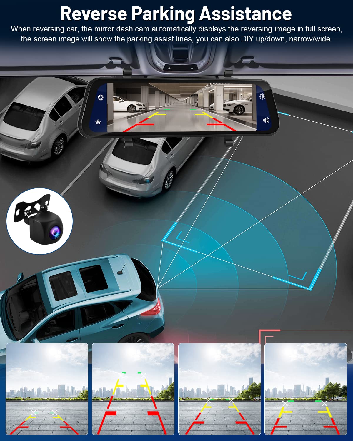 9.66'' Dashcam Cámara de Coche con Cámara Trasera con Carplay Android Auto, Control por Voz GPS Grabación en Bucle G-Sensor Monitor de Aparcamiento Super Visión Nocturna +Tarjeta SD 32G
