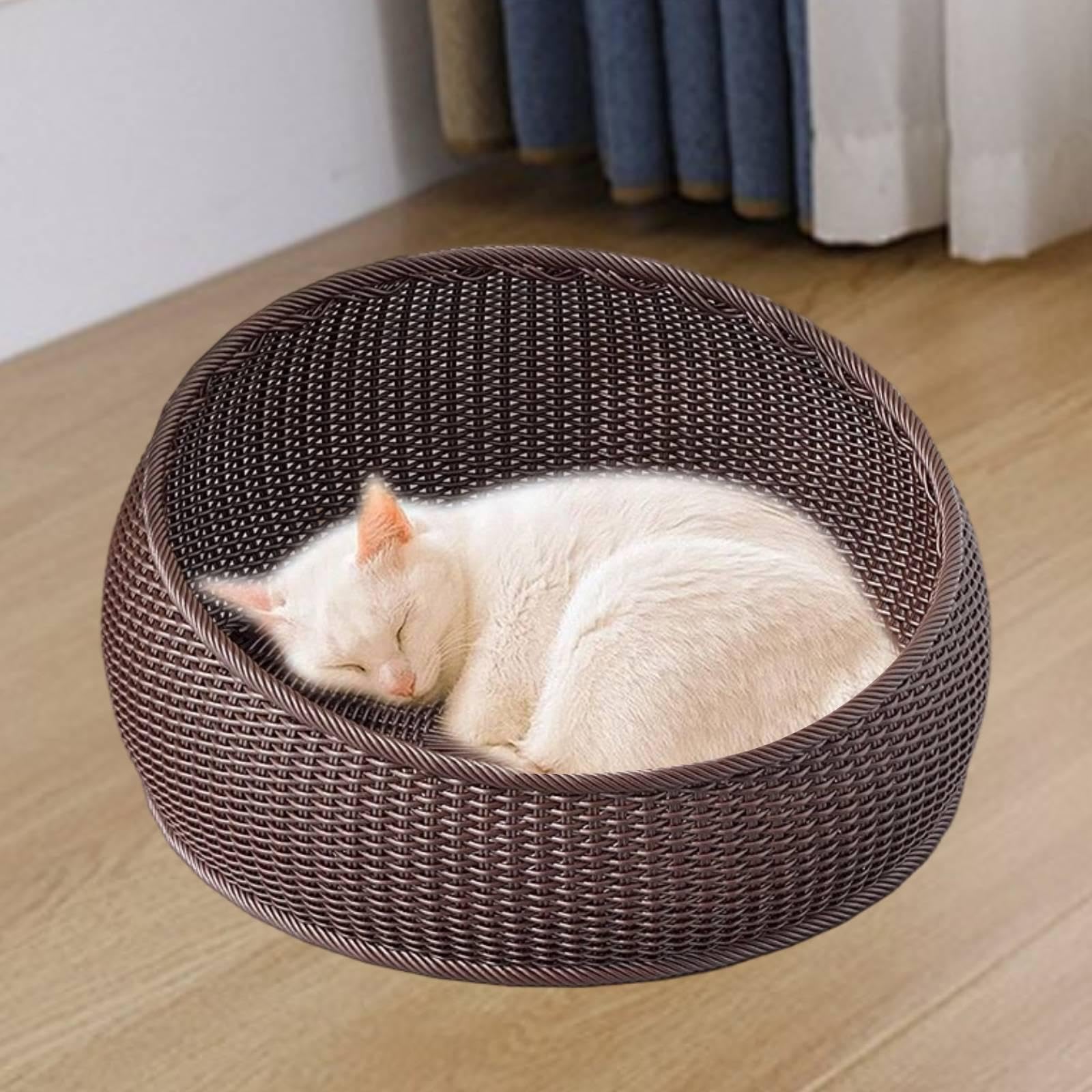 Gewebter Katzenkorb Aus Kunstrattan, Rundes Haustierbett, Katzennest, Handgewebt, Poliert, Weiches Material, Pflegeleichte Oberfläche, Abwaschbar, Gee, Kaffee