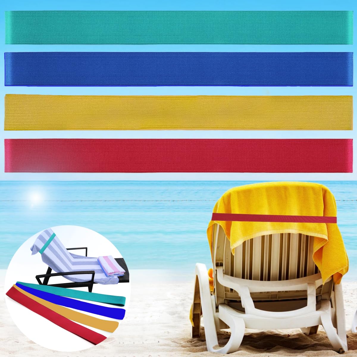 Tlowesng Beach Towel Bands (4 Pack), Beach Chair, Pool Chairs & Cruise Ship Essentials, The Better Towel Chair Clips Towel Holder Beach Towel Clips(4 Mix)