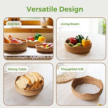 Round Rattan Bread Basket for Serving, Wicker Fruit Basket Storage Bowl, M