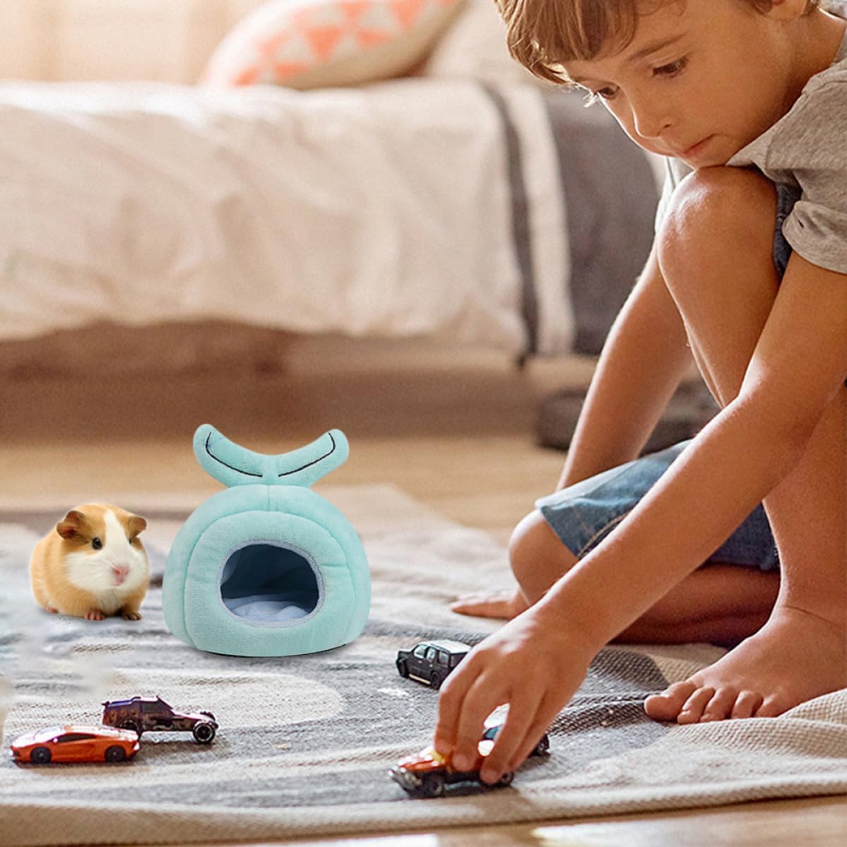 Cozy Small Pet Lint Whale Shape Bed for Hamster and Rabbit, Warm Hideout Nest for Sleep and Rest, Blue Soft Cotton Plush Animal House to Increase Sleep Quality