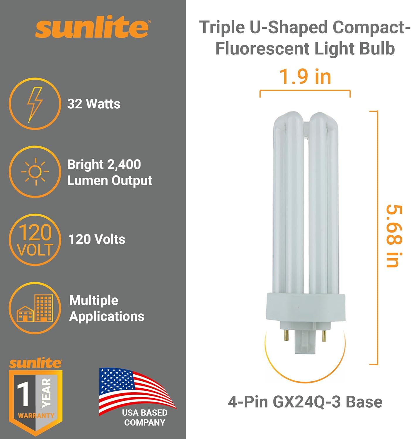 Sunlite CFL bulb with dimensions and specifications