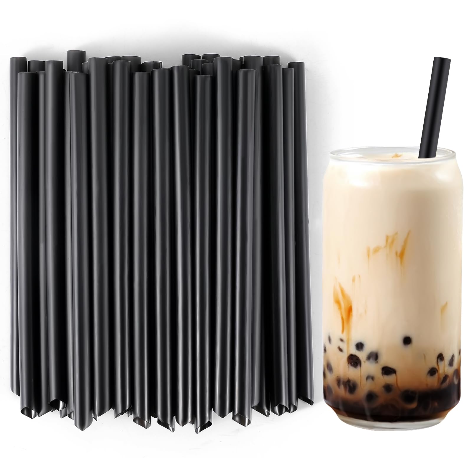 [50 Pcs] Disposable Jumbo Smoothie Boba Straws - 8.26" Long 0.43" Wide Black Plastic Drinking Straws for Bubble Tea, Milkshake, Milk, Juice, Lemonade