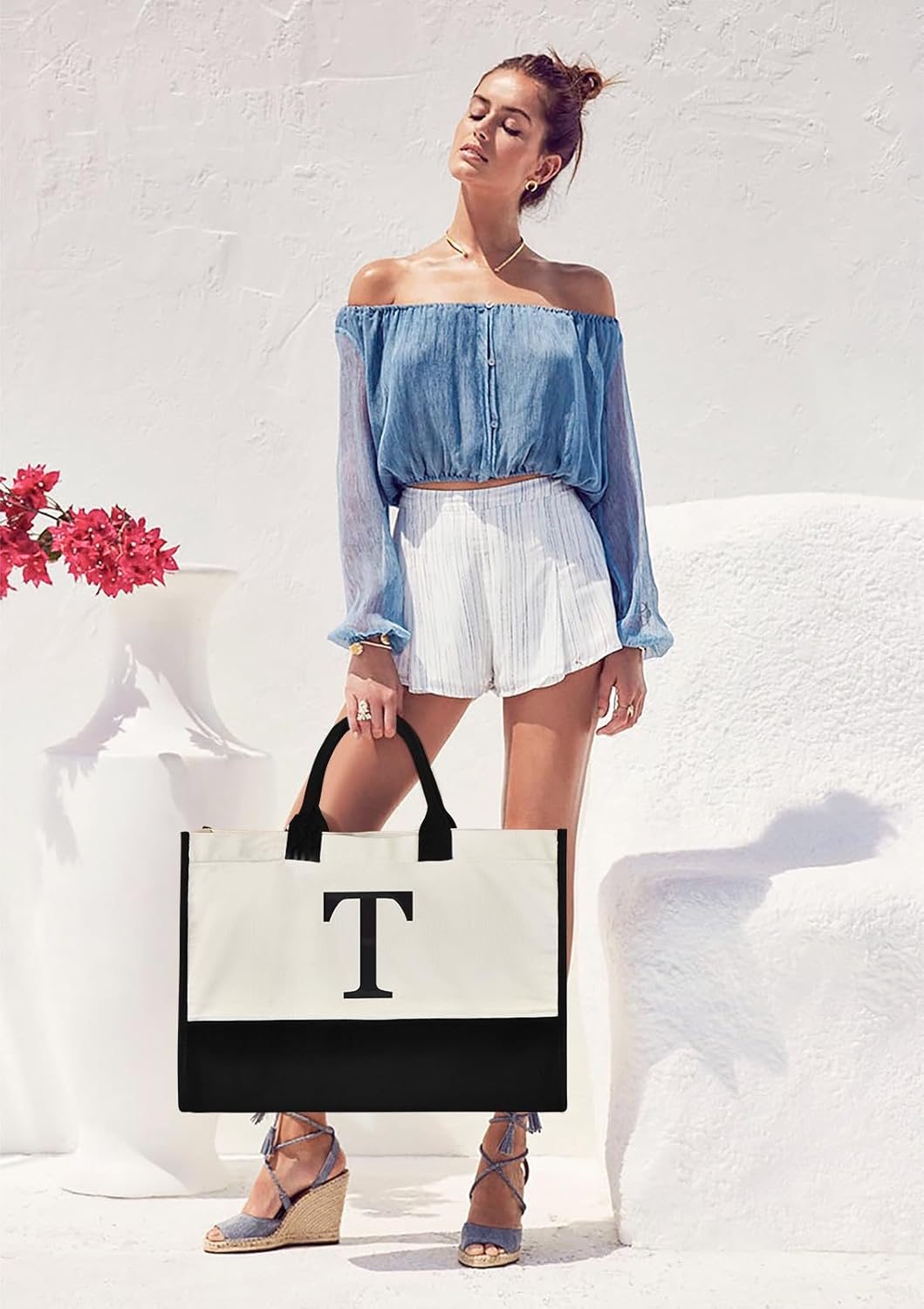 Initial Canvas Tote Bag Birthdays Gift for Women Mom Teacher Friend Bridesmaid,Custom for Wedding Beach Holidays - Image 3