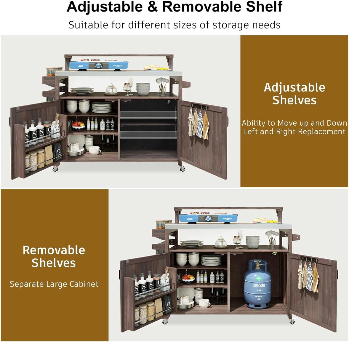 Outdoor Grill Cart with Storage Cabinet and Raised Shelf, Rolling Wood Outdoor Kitchen Island with Stainless Steel Top, Movable Grill Table for BBQ with Spice and Towel Rack (Brown)