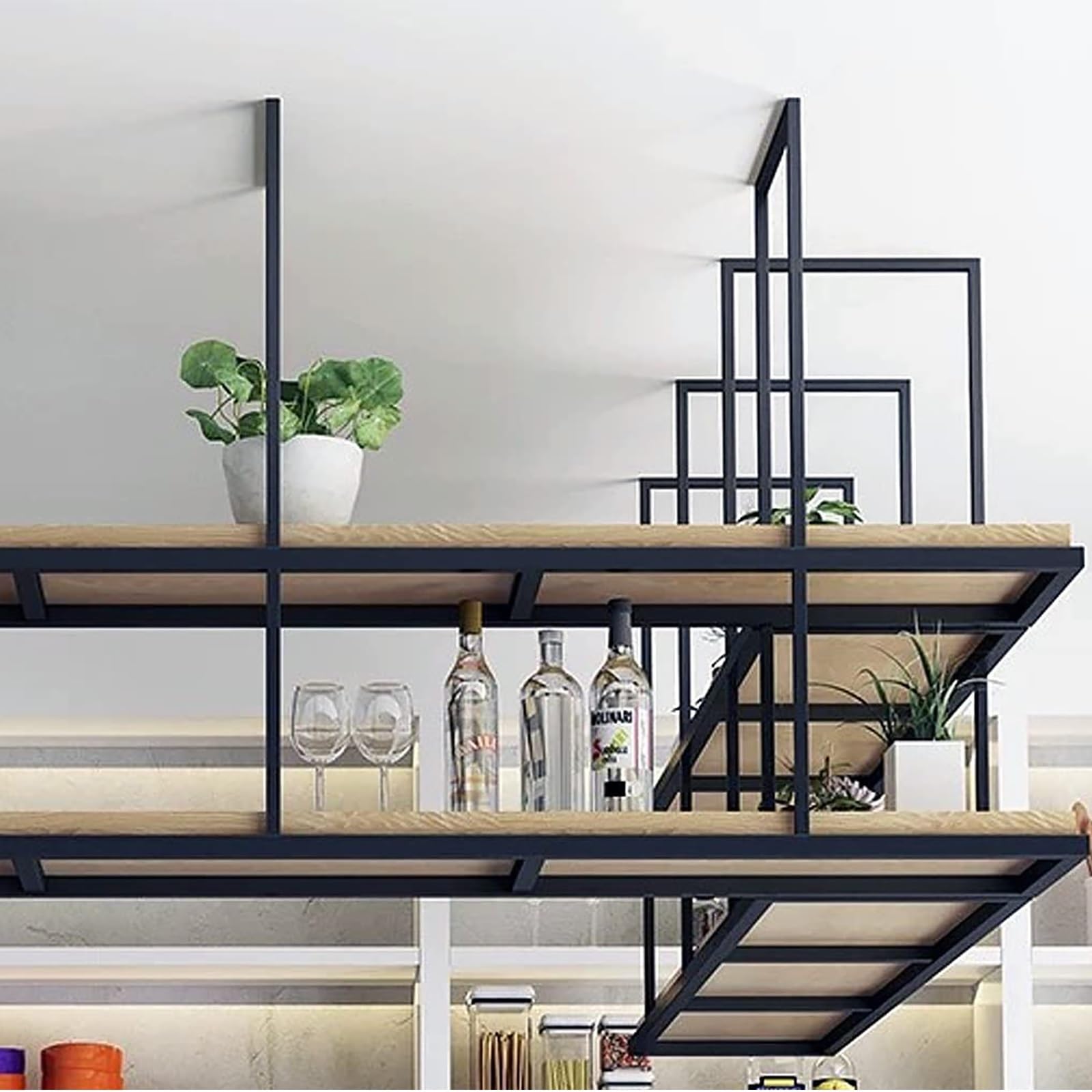 HDDNMLOH Wooden Hanging Plant Stand Ceiling Mounted Wine Rack with 2 Layers Solid Wood Floating Shelves in Retro Minimalist Style for Kitchen Storage and Decor Easy Installation (140 * 30 * 80cm)