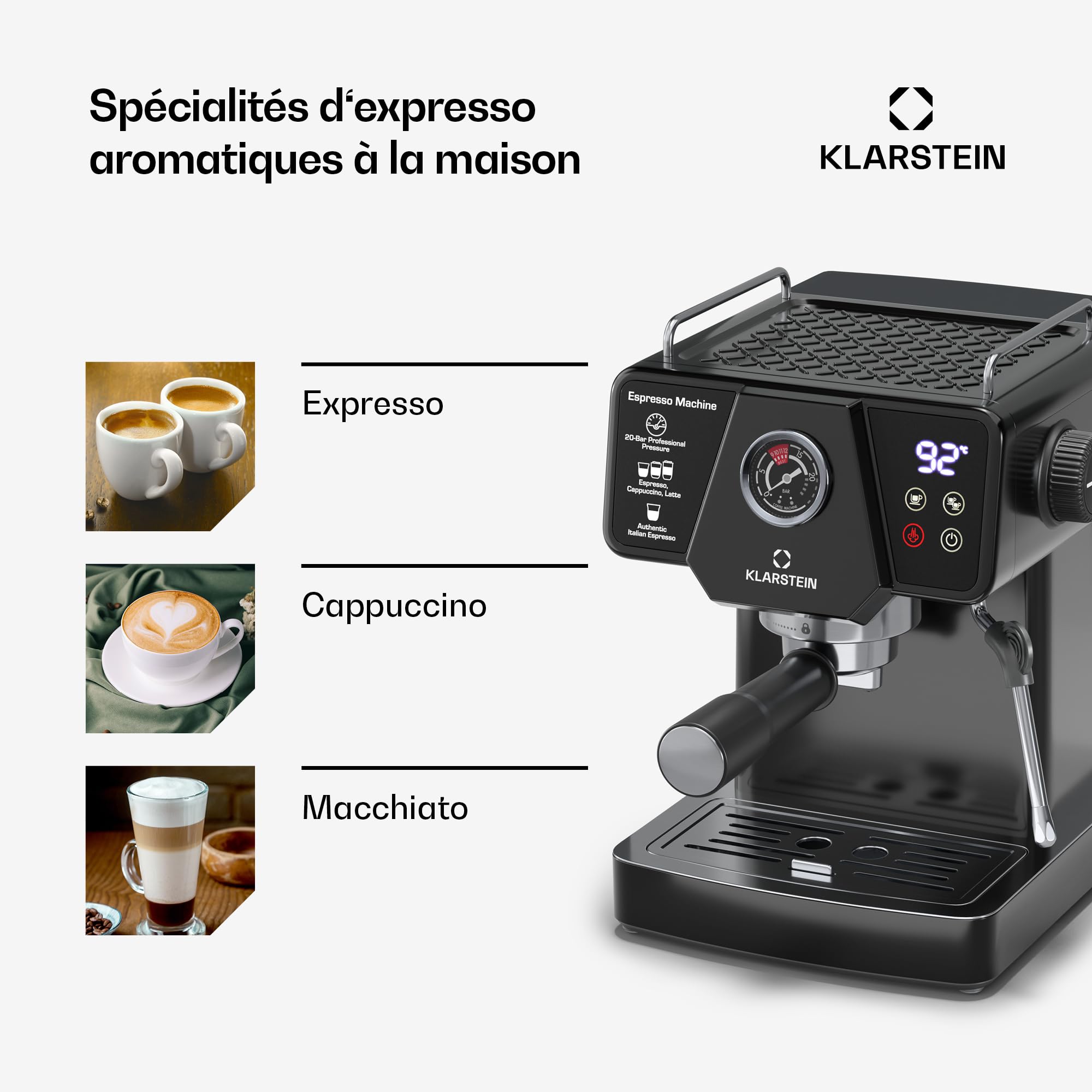 Klarstein Libeica machine à café en grains – 19 bars, 1350 W, acier inoxydable, buse vapeur, réservoir 1,8 L, panneau tactile, pour expresso & café en poudre, design élégant