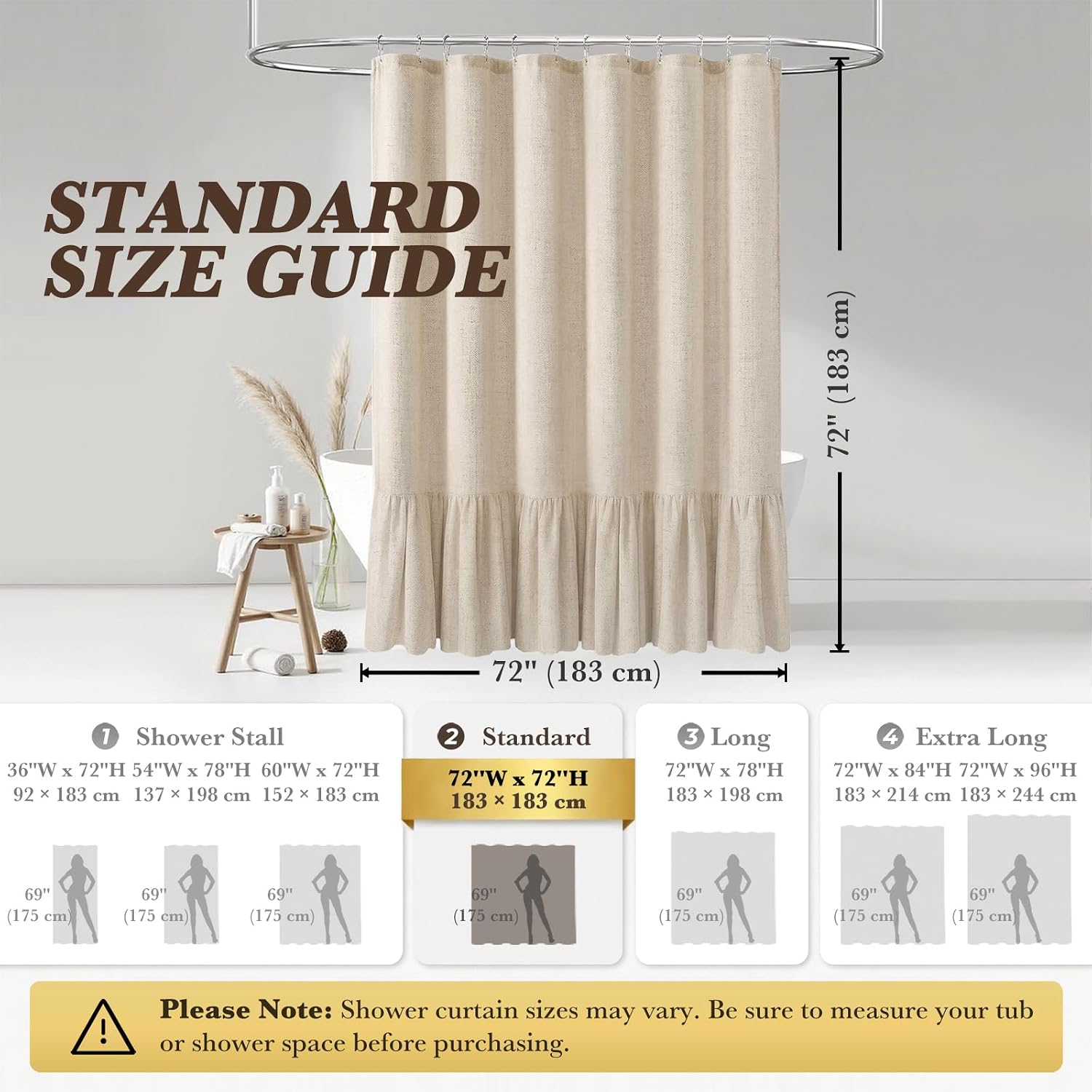 Farmhouse Boho Ruffle Hem Shower Curtain, 72 x 72 Inches, Natural Linen