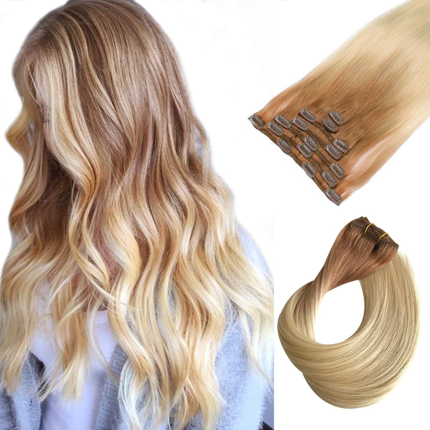 Clip in Hair Extensions Real Human Hair Clip in Extensions, 22Inch Ombre Golden Brown Fading to Platinum Blonde Real Hair Extensions Clip ins, 7 Pieces 70G Remy Human Hair Clip in Extensions for Women