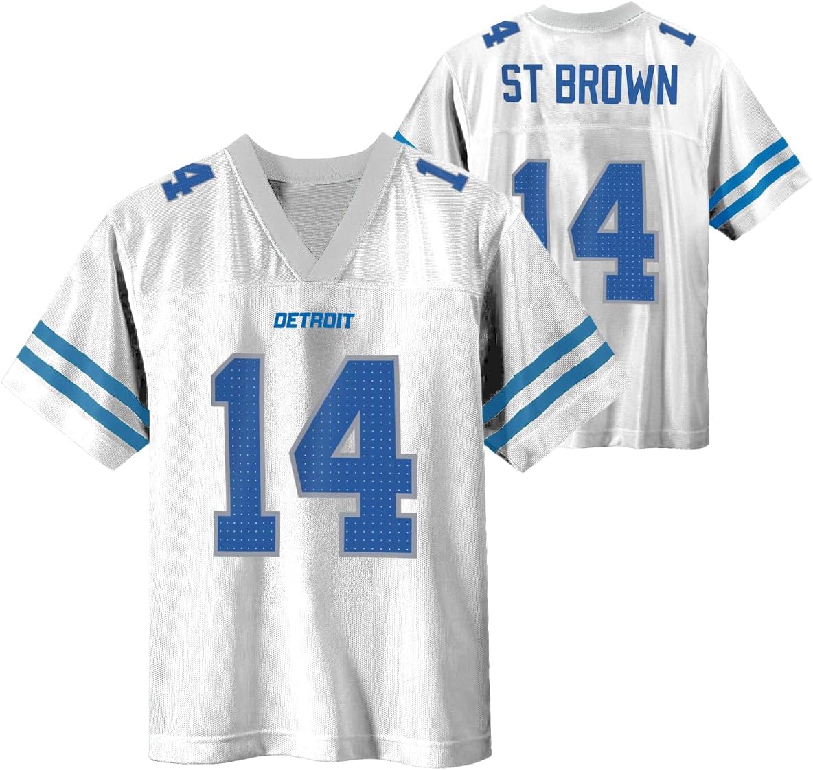 Amon-Ra St. Brown Detroit Lions White #14 NFL Kids Youth 4-20 Name and Number Away Player Football Jersey