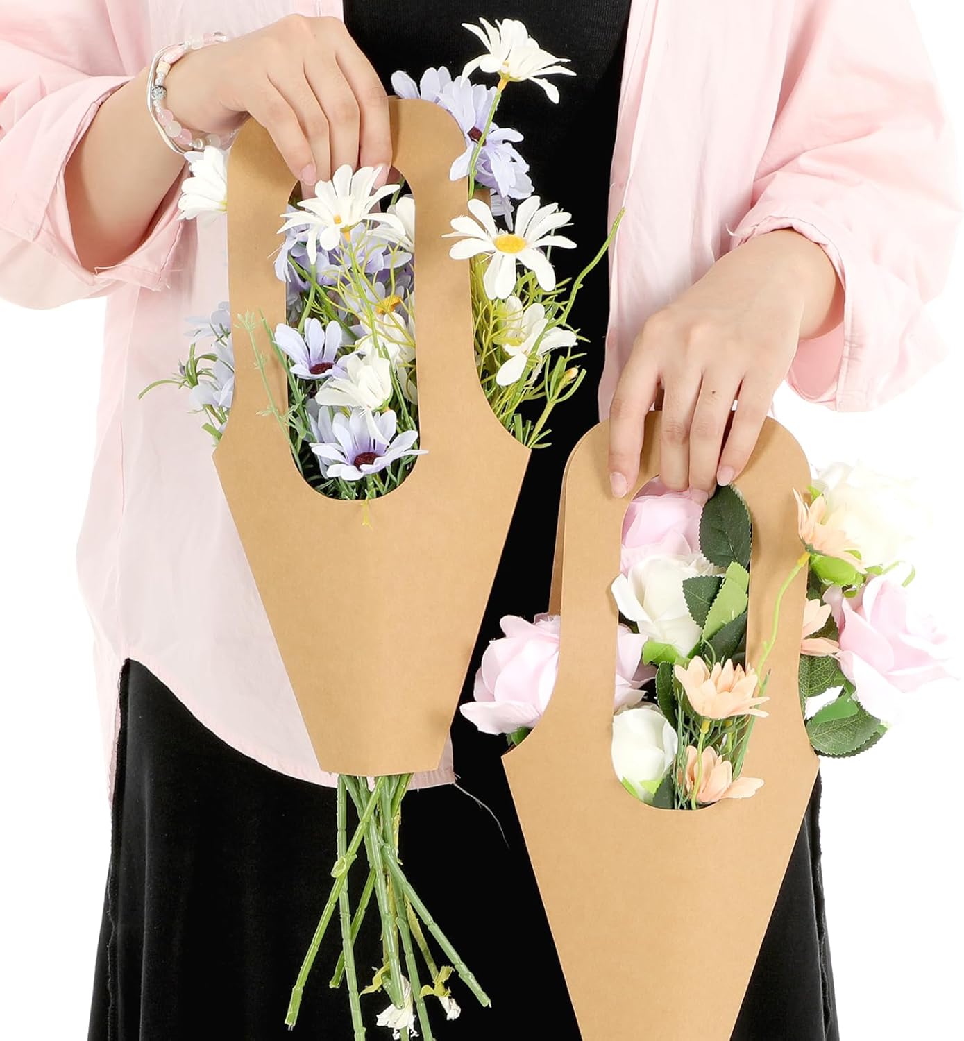 Ubamdom 50 Pack Kraft Paper Flower Bags - Hanging Bouquet Holders, Brown Wrapping Paper, Perfect for Flower Shops, Homes, Parties (14 Inches)