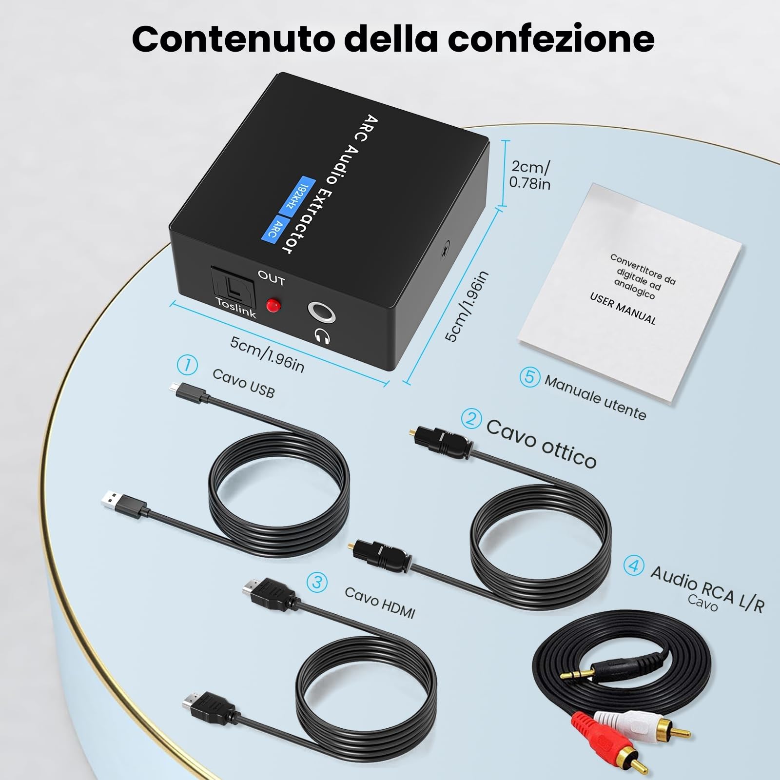 Convertitore Audio HDMI ARC 192KHz - Splitter Audio con Uscite SPDIF/Coassiale + 3,5mm AUX/RCA + Ottico,Cavo HDMI Incluso,Compatibile con Blu-ray e Soundbar