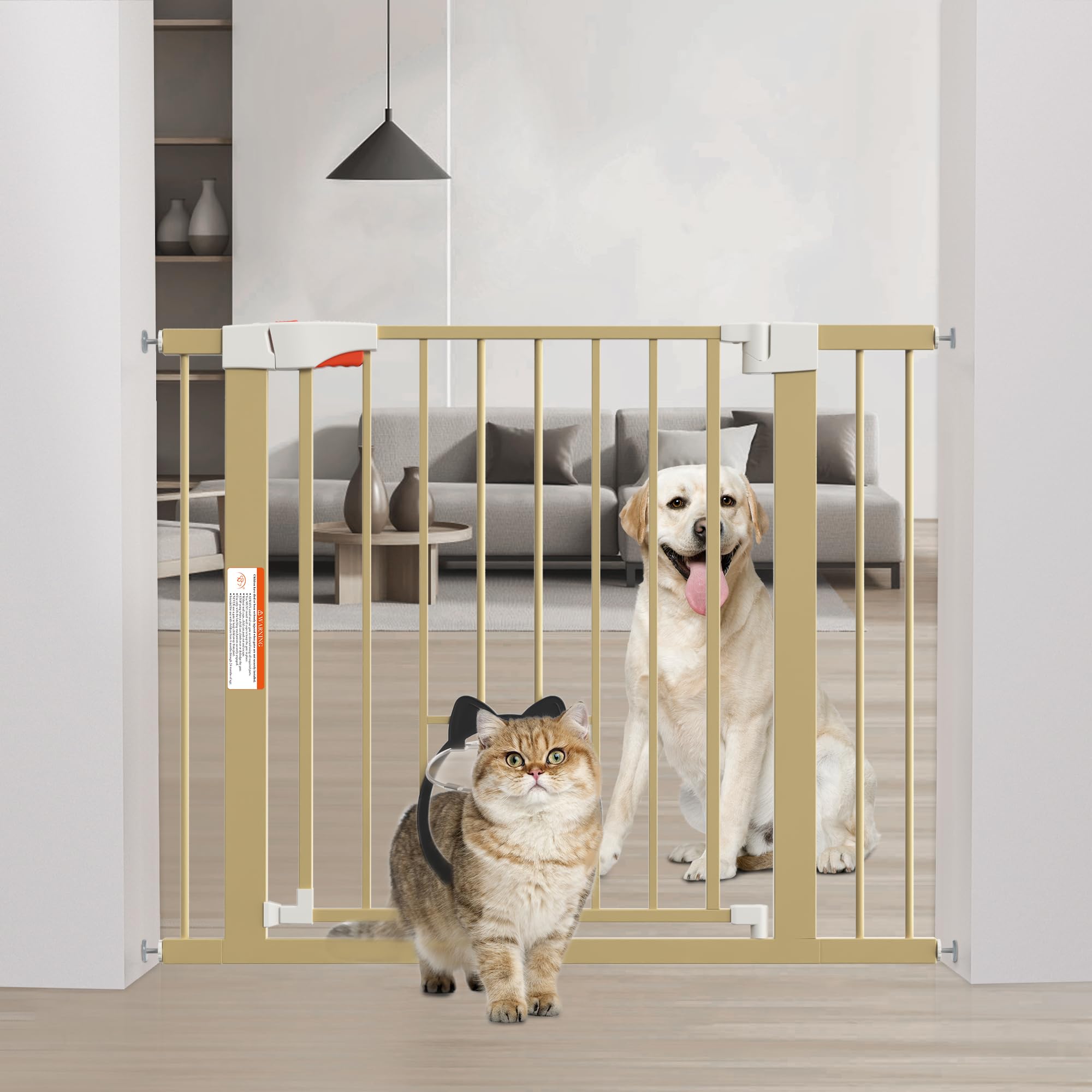 Walk Through Pet Gate with Small Lockable Cat Door, Auto-Close Dog Gates for Doorways and Stairs, Pressure Mounted, No Drilling, Fits Openings 29"-40.5", Includes 2.75" and 5.5" Extension