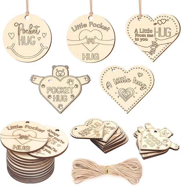 20PCS Little Pocket Hug, Wooden Hug Tokens with Hole Rope for DIY, Wooden Hanging Heart Plaque for Keyring Ornaments Thinking of You Present Isolation Gifts Home Decoration