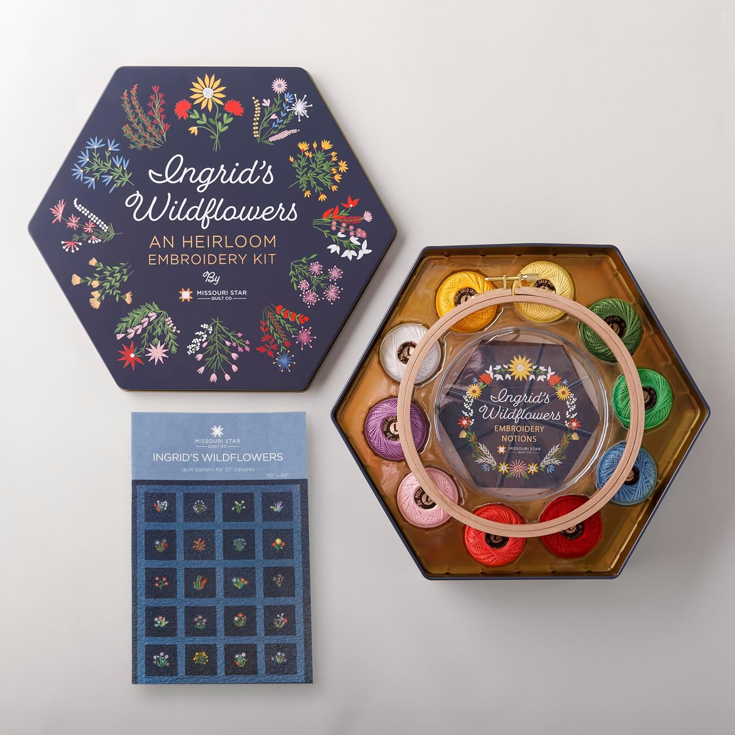 Ingrid's Wildflowers - an Heirloom Embroidery Kit by Missouri Star | Includes 20 Wildflower Designed Peel & Stitch Washaway Sheets, Colored Floss, Needles, Hoop, and Other Tools Needed for Embroidery