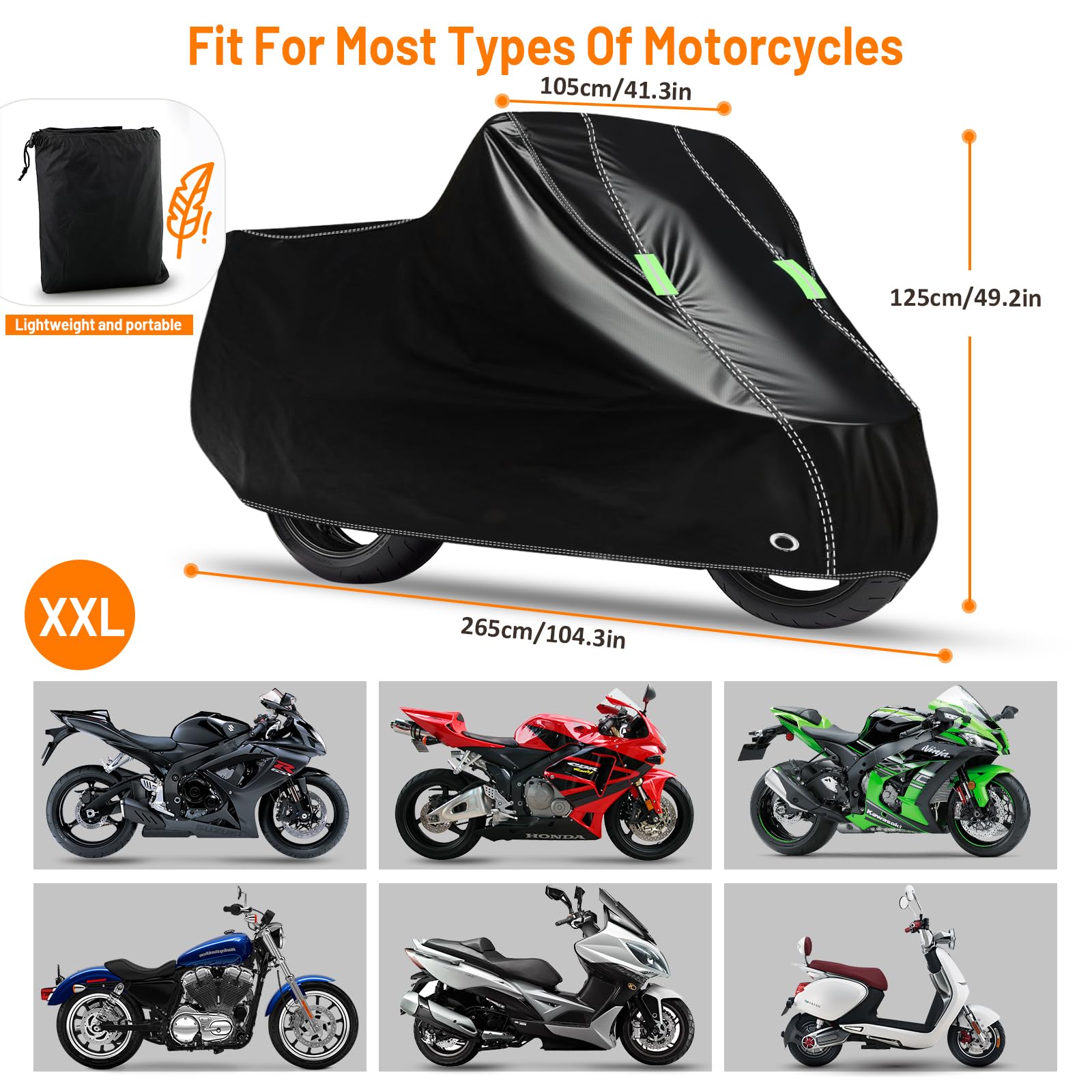 D-Lumina Telo coprimoto impermeabile per moto, in poliestere 210D, antifurto, universale, per la maggior parte delle moto, scooter, vespa, ecc., 265 x 105 x 125 cm, XXL