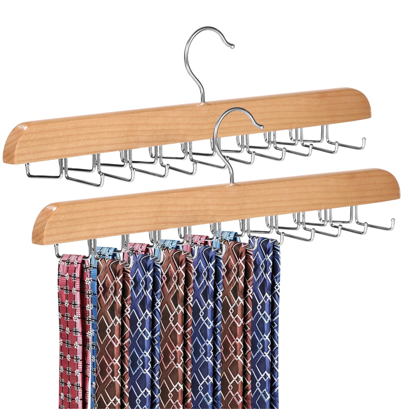 2 STK. Krawattenhalter für Kleiderschrank, Krawattenständer mit Haken, Naturholzoptik, je 20 drehbare Haken, praktische Aufbewahrung für Krawatten, Gürtel, Schals und Accessoires im Schrank